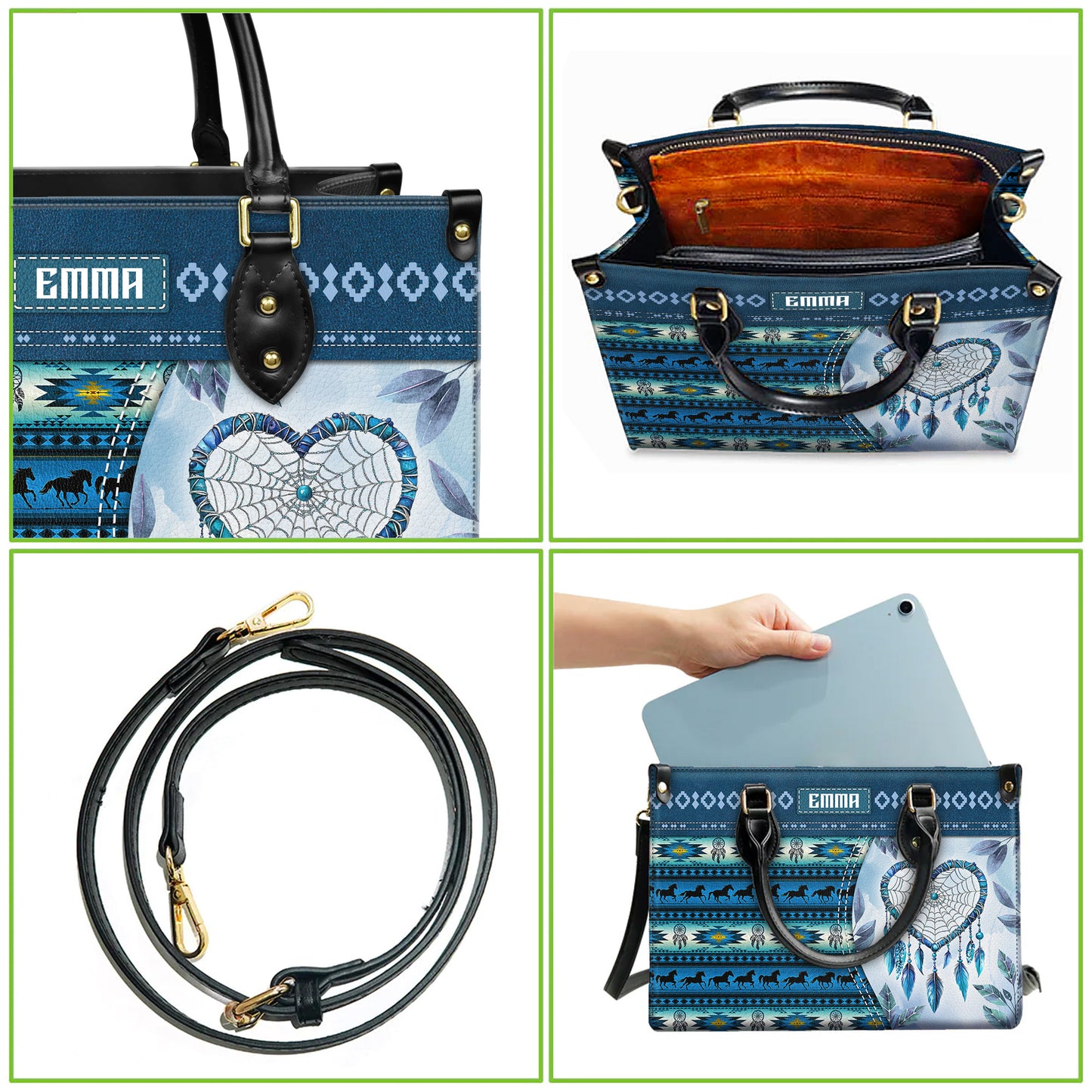 Personalized Leather Handbag for Women - Design Patterns Boho Blue Dreamcatcher