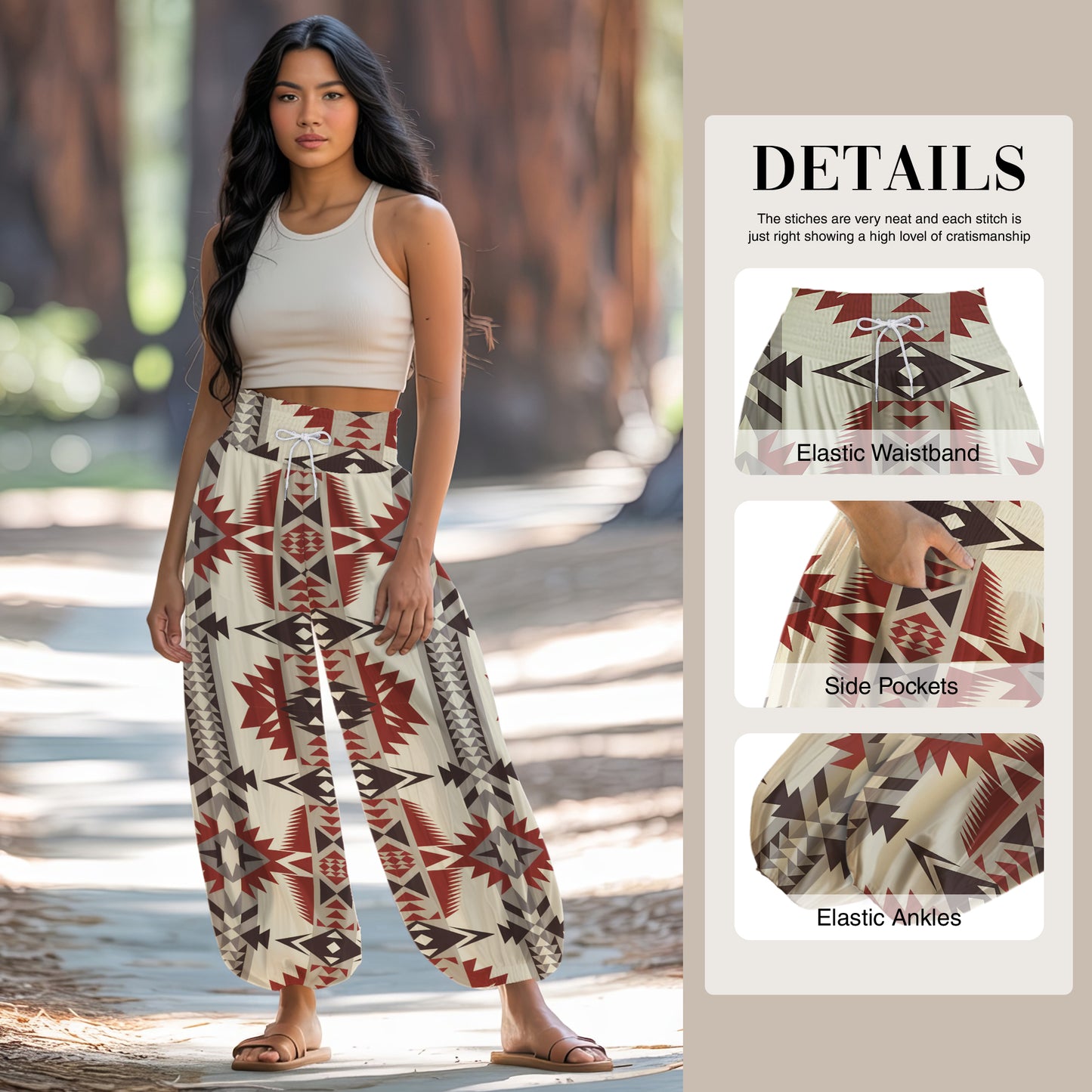 Boho Harem Pants – Red Geometric Tribal Pattern