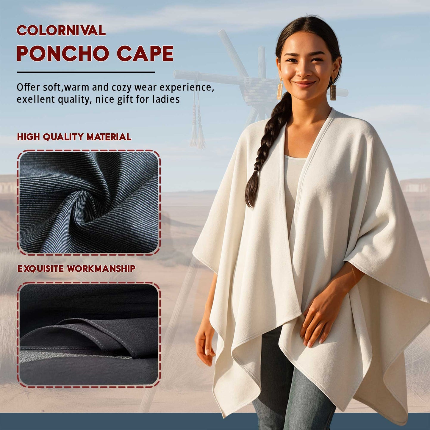 Poncho Native Shield – Ivory & Teal with Beaded Warrior Design