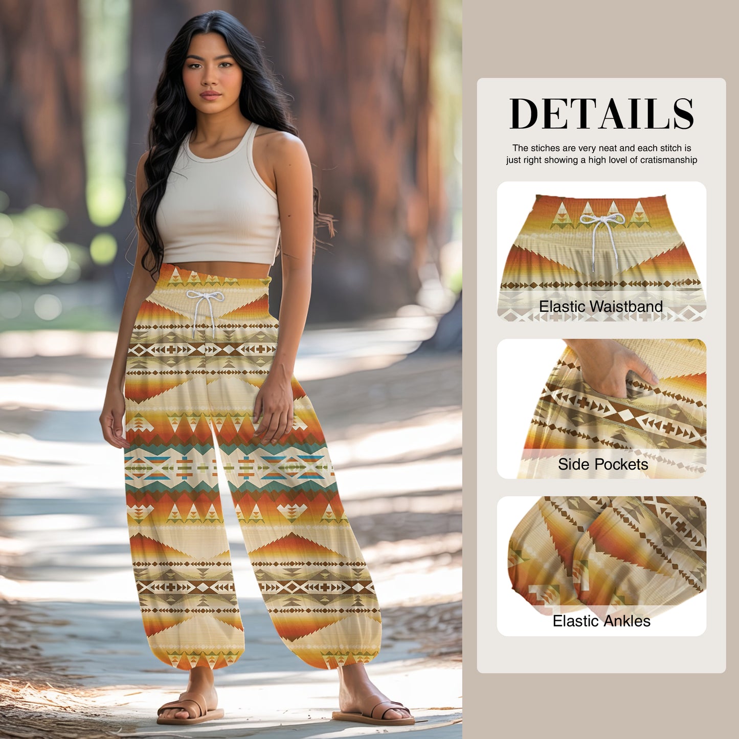 Boho Harem Pants – Beige with Tribal Aztec Print