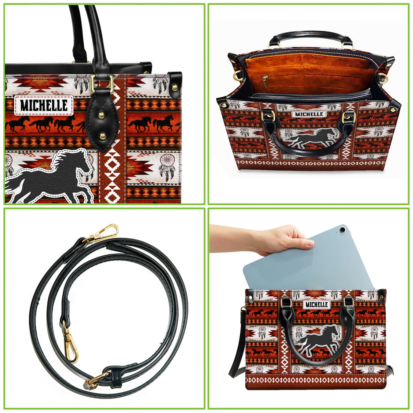 Personalized Leather Handbag for Women - Design Patterns Boho Rustic Orange & White Spirit Horse