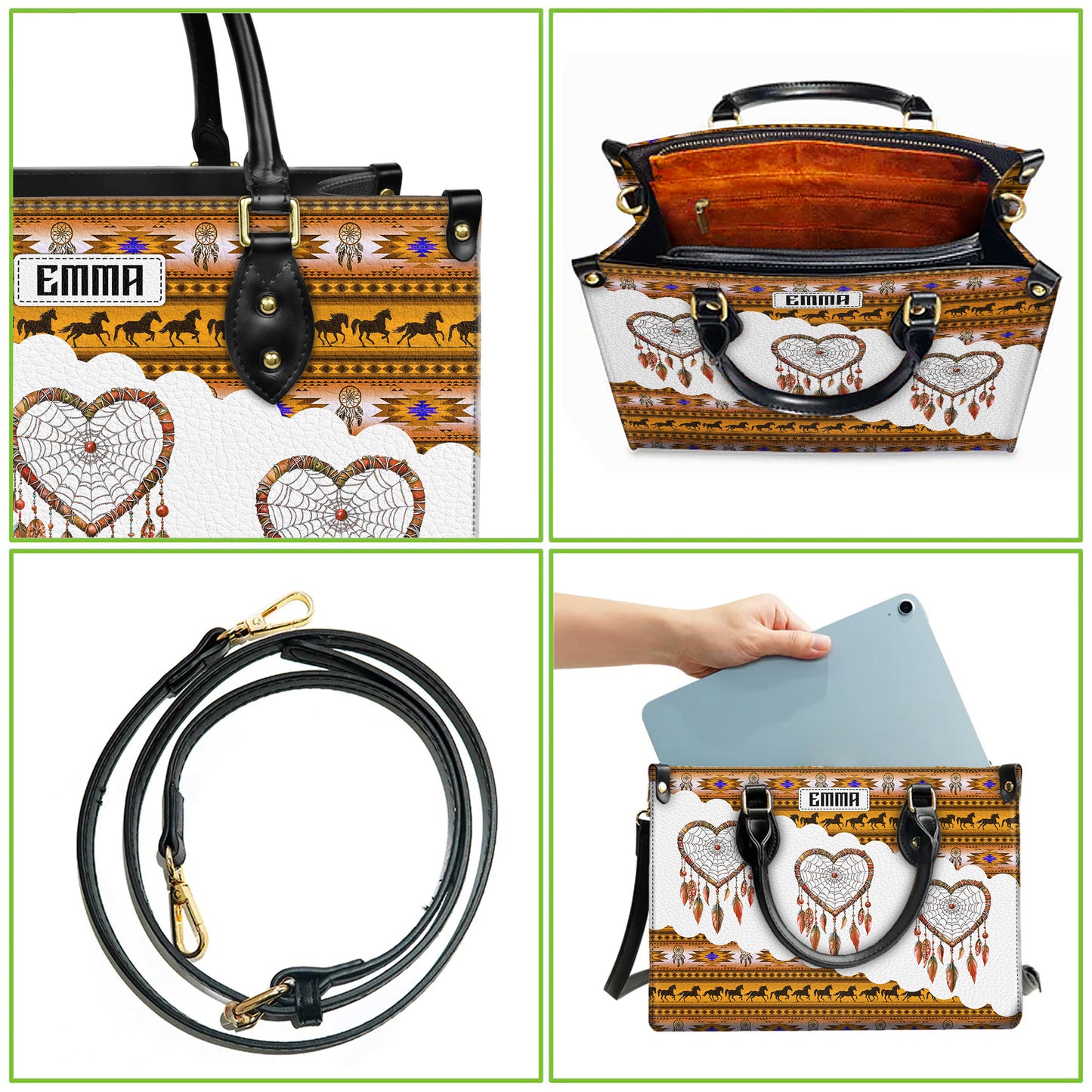 Personalized Leather Handbag for Women - Design Patterns Boho Yellow & White Dreamcatcher