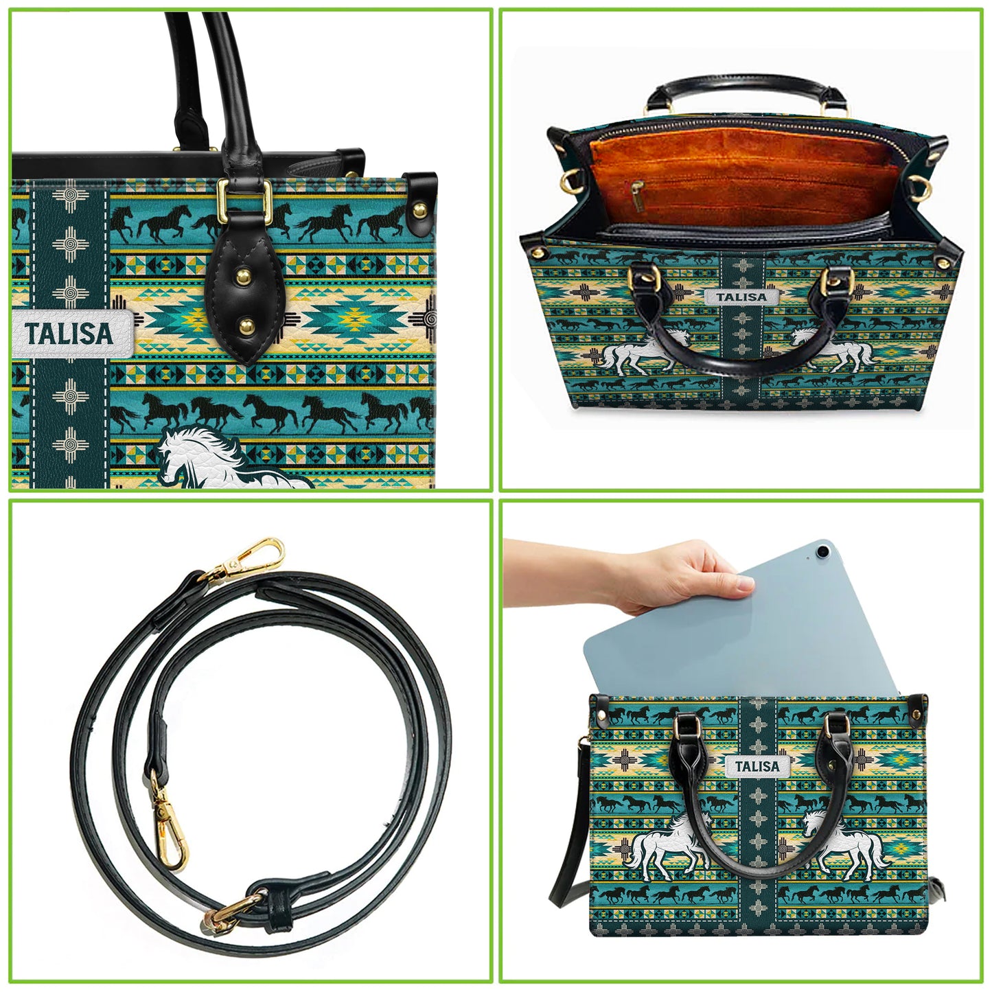 Personalized Leather Handbag for Women - Design Patterns Boho Native Spirit Galloping Horse