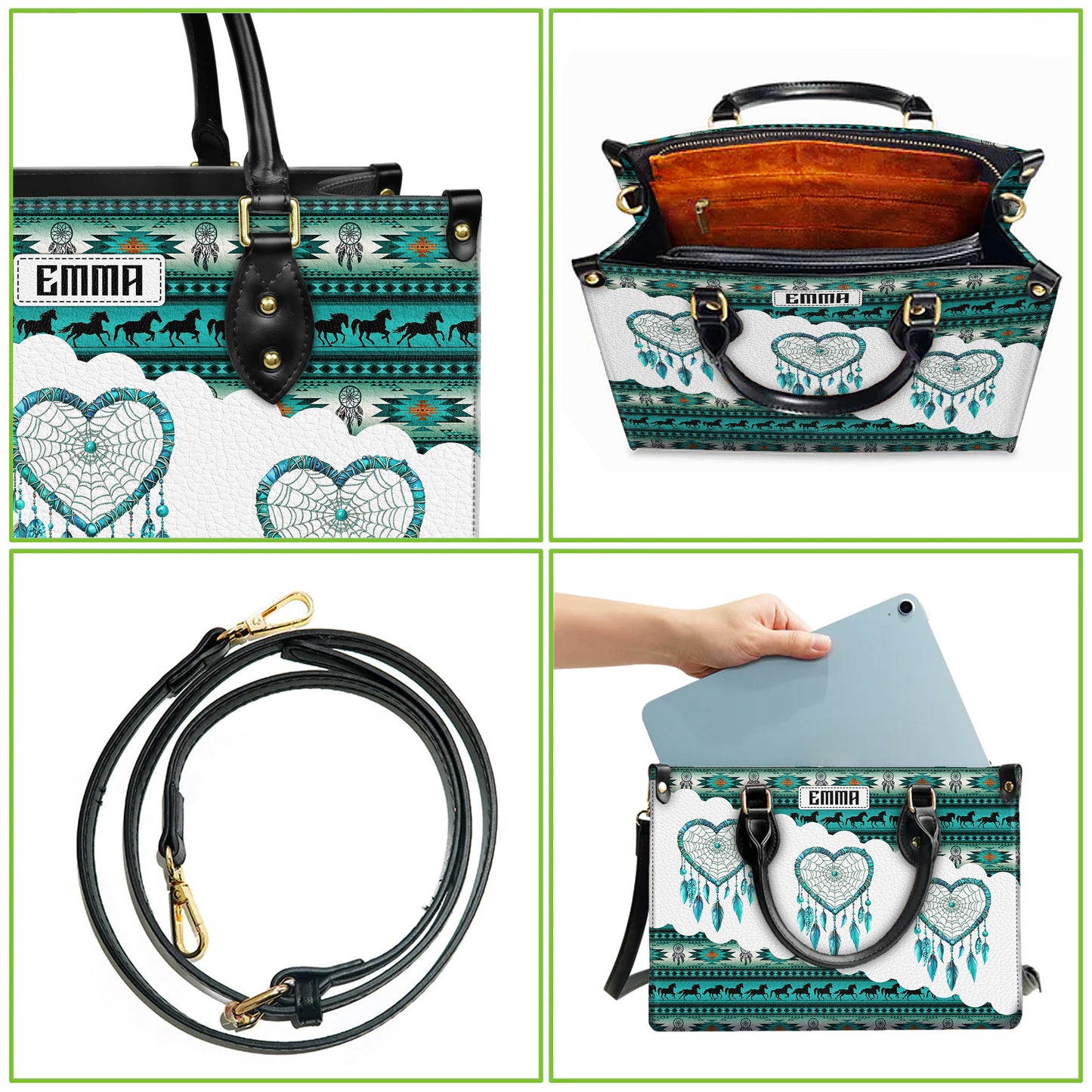 Personalized Leather Handbag for Women - Design Patterns Boho Teal & White Dreamcatcher