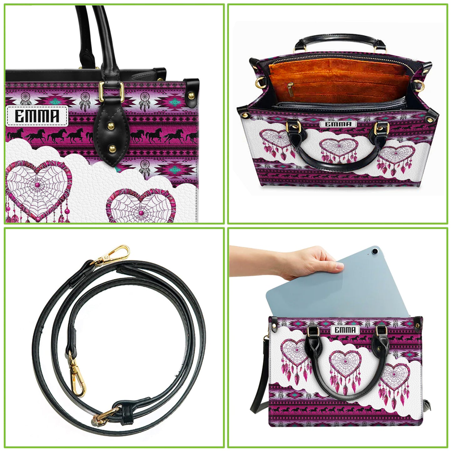 Personalized Leather Handbag for Women - Design Patterns Boho Pink & White Dreamcatcher