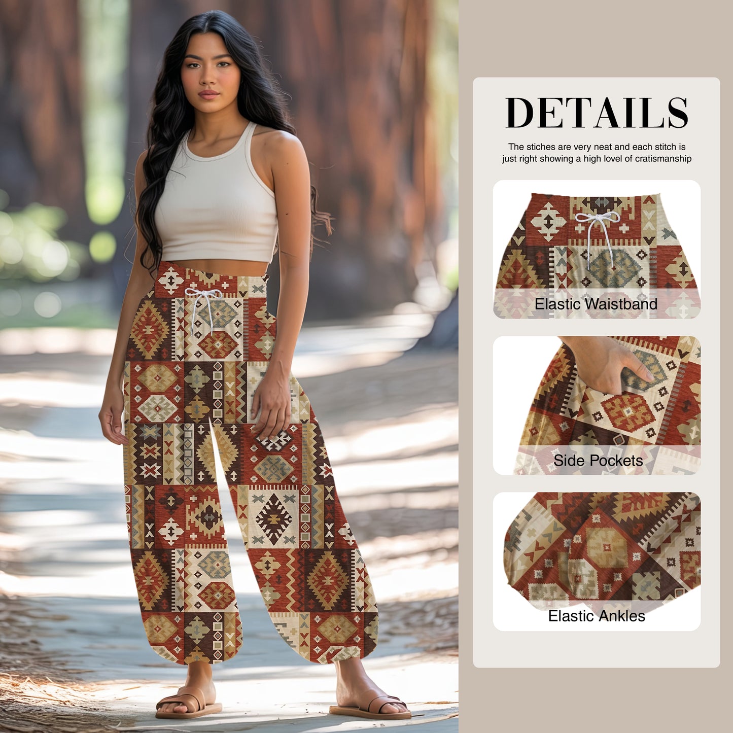Boho Harem Pants – Beige with Tribal Aztec Print 01