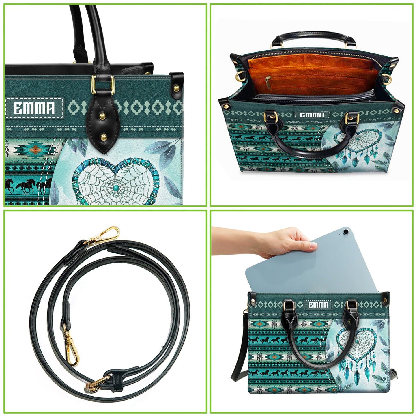 Personalized Leather Handbag for Women - Design Patterns Boho Dreamcatcher Spirit - Teal