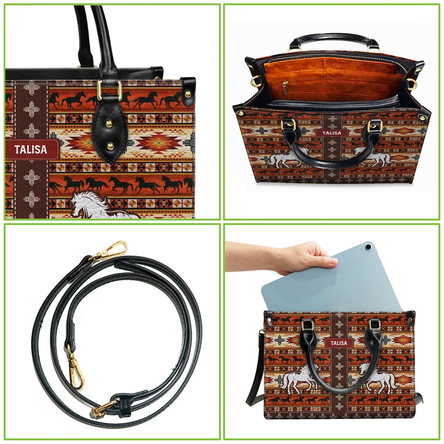 Personalized Leather Handbag for Women - Design Patterns Boho Rustic Orange Spirit Horse