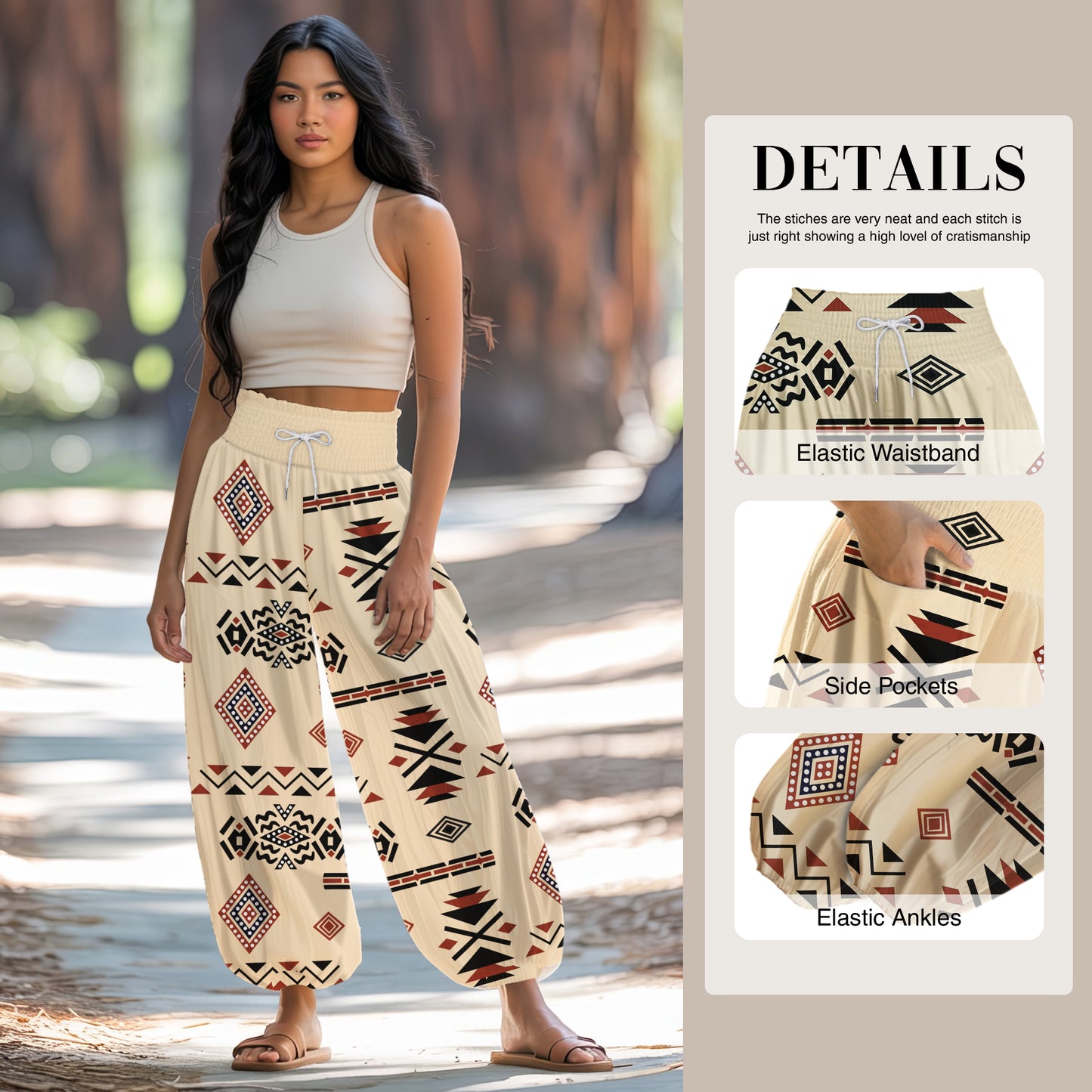 Boho Harem Pants – Beige with Tribal Aztec Print