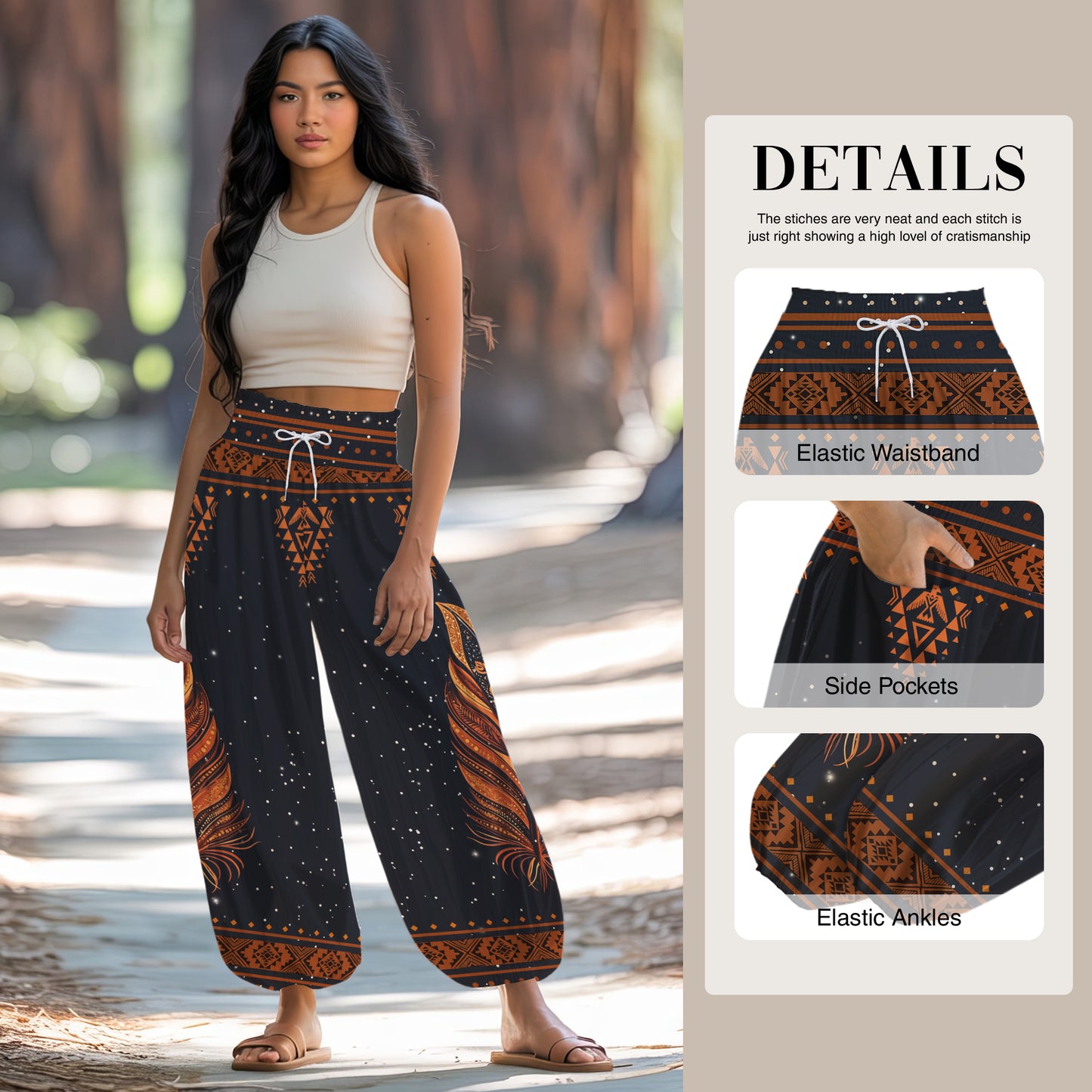 Feather Print Harem Pants - Yoga Boho Clothes with Pockets