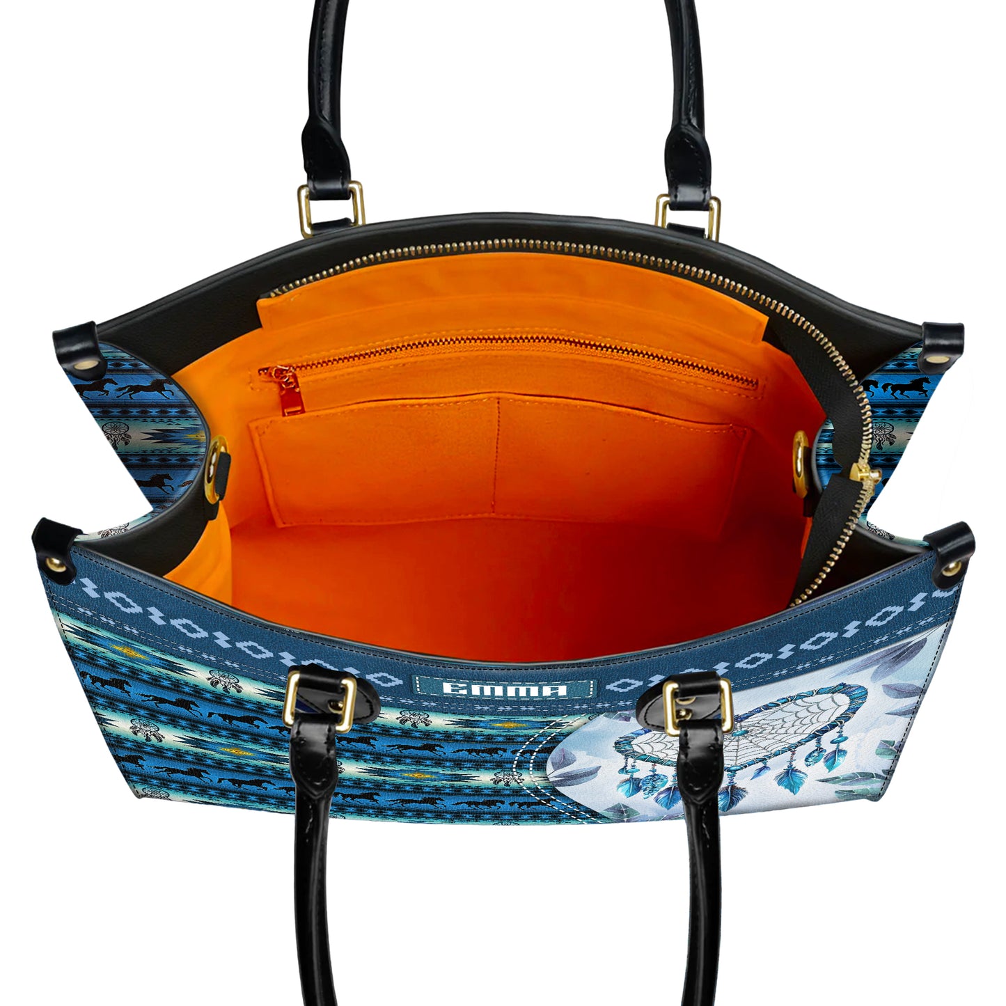 Personalized Leather Handbag for Women - Design Patterns Boho Blue Dreamcatcher