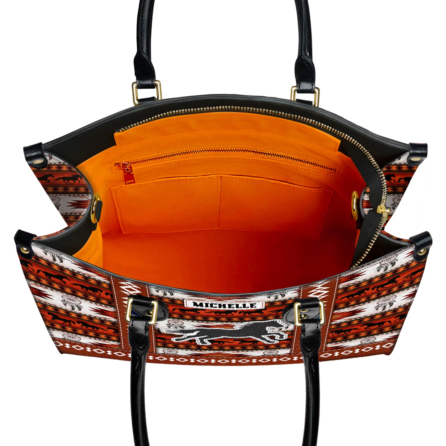 Personalized Leather Handbag for Women - Design Patterns Boho Rustic Orange & White Spirit Horse