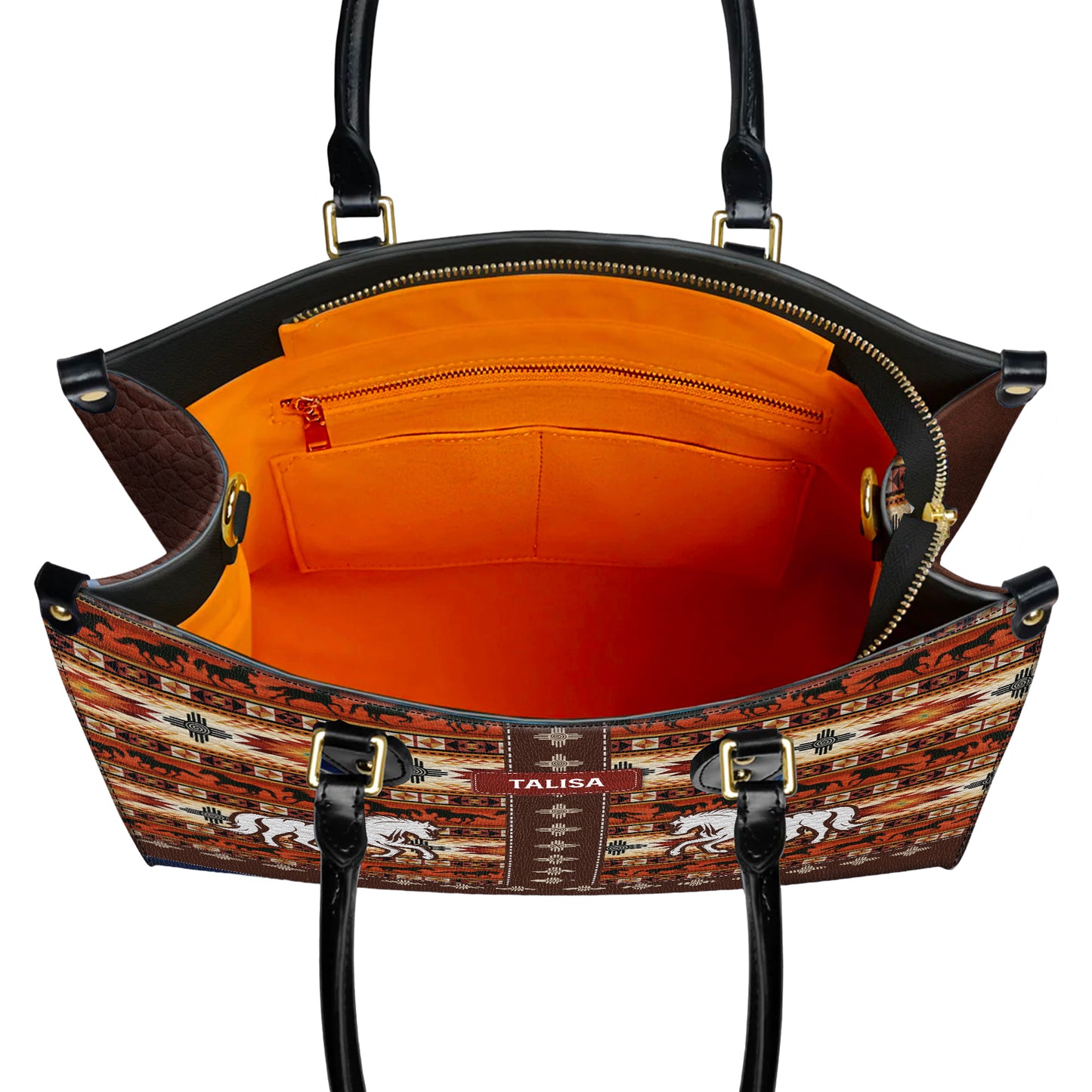 Personalized Leather Handbag for Women - Design Patterns Boho Rustic Orange Spirit Horse