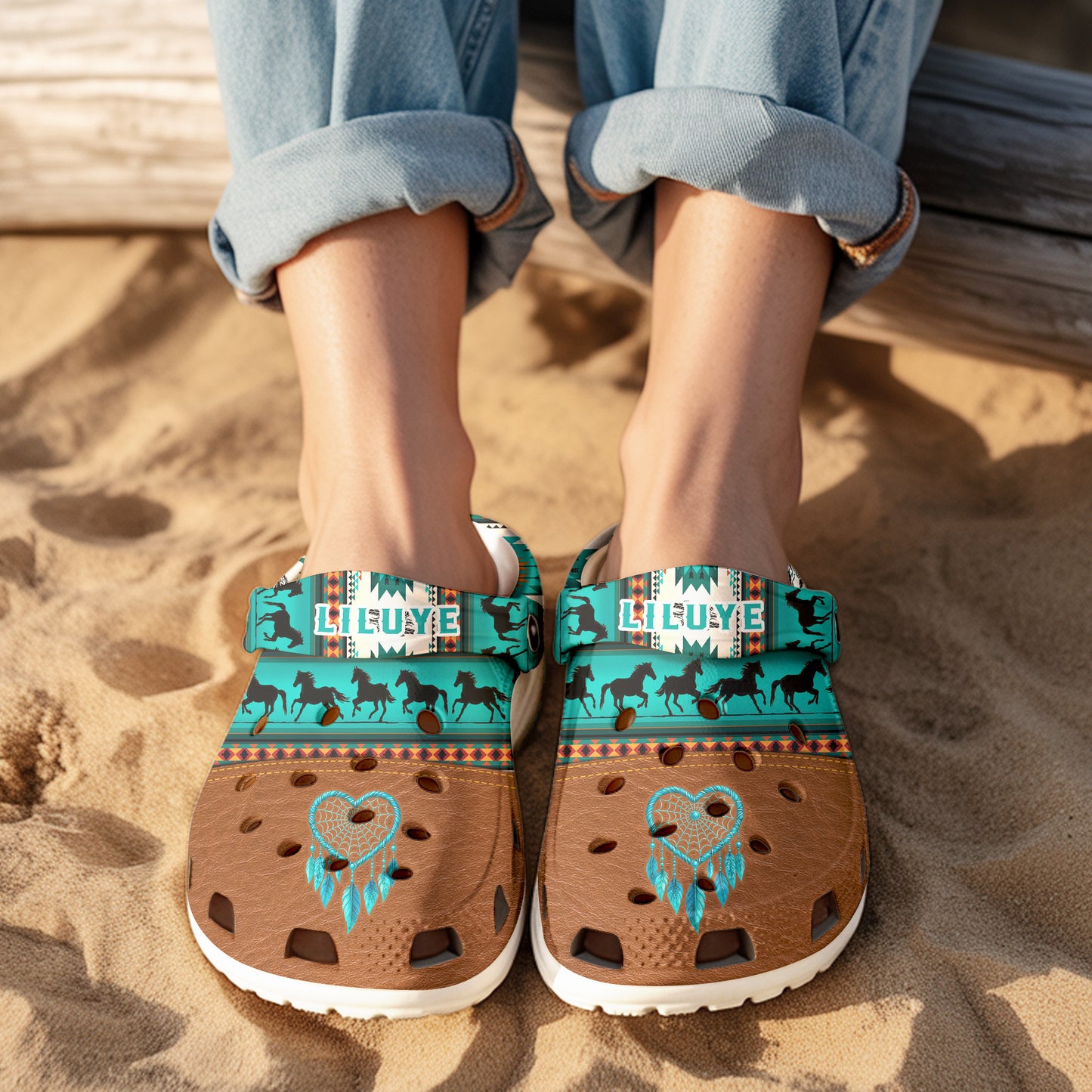 Custom Name Clogs – Tribal Green, Galloping Horses & Dreamcatcher Motif