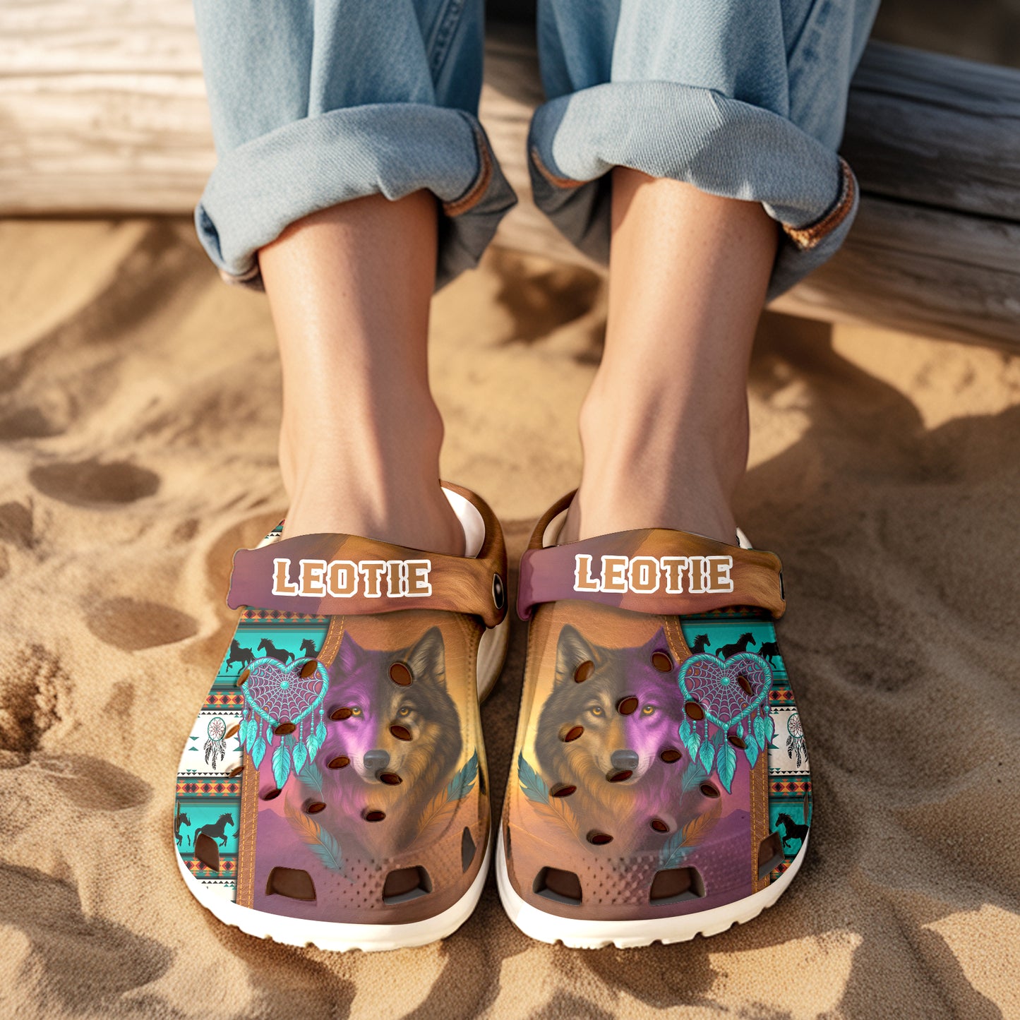 Custom Name Wolf & Dreamcatcher Clogs – A Heartfelt Family Gift with Soul and Spirit