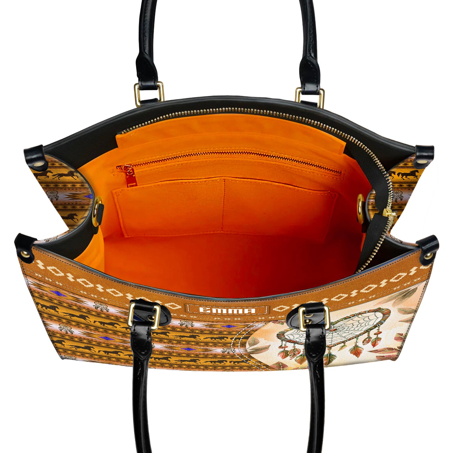 Personalized Leather Handbag for Women - Design Patterns Boho Yellow Dreamcatcher