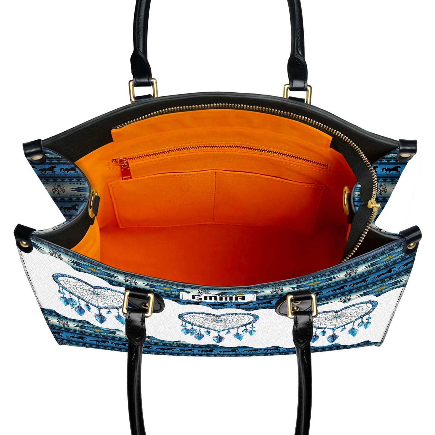 Personalized Leather Handbag for Women - Design Patterns Boho Blue & White Dreamcatcher