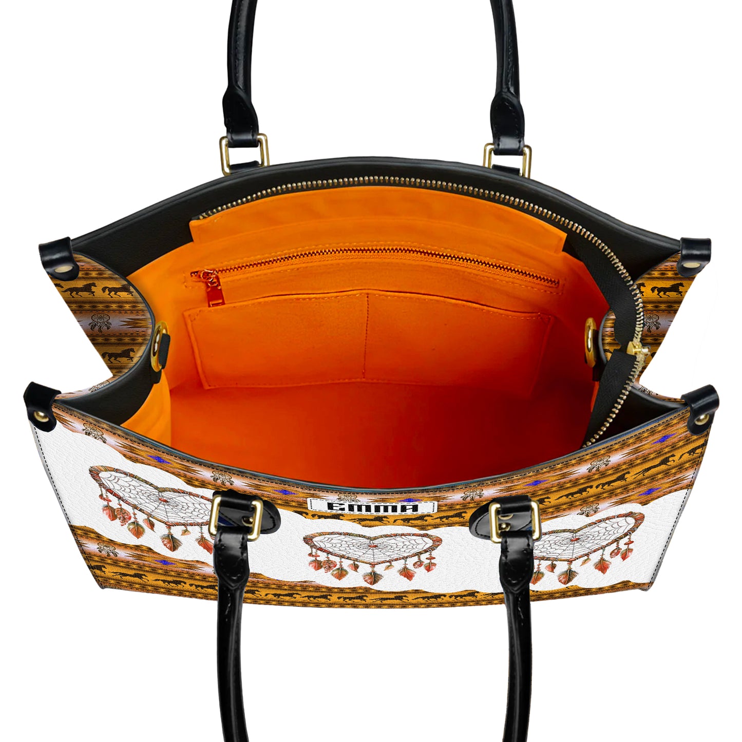 Personalized Leather Handbag for Women - Design Patterns Boho Yellow & White Dreamcatcher