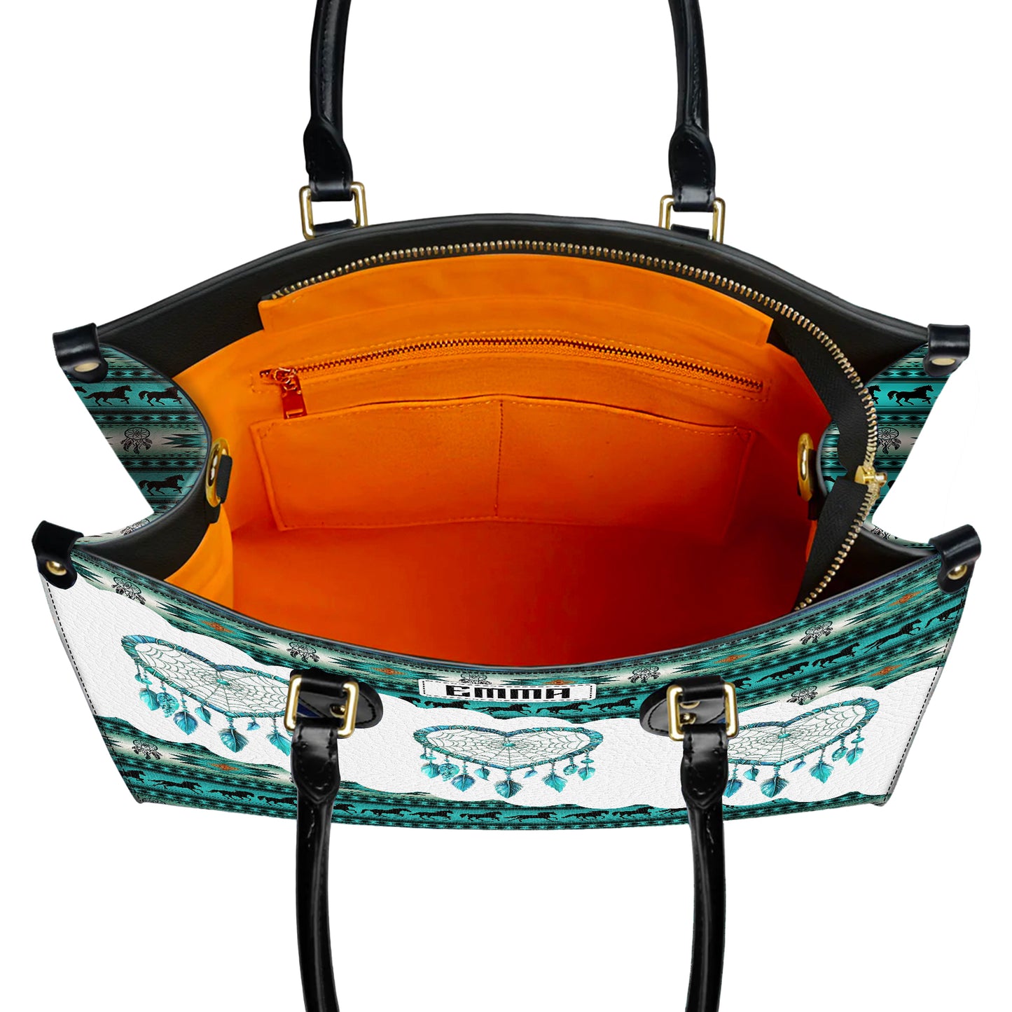 Personalized Leather Handbag for Women - Design Patterns Boho Teal & White Dreamcatcher