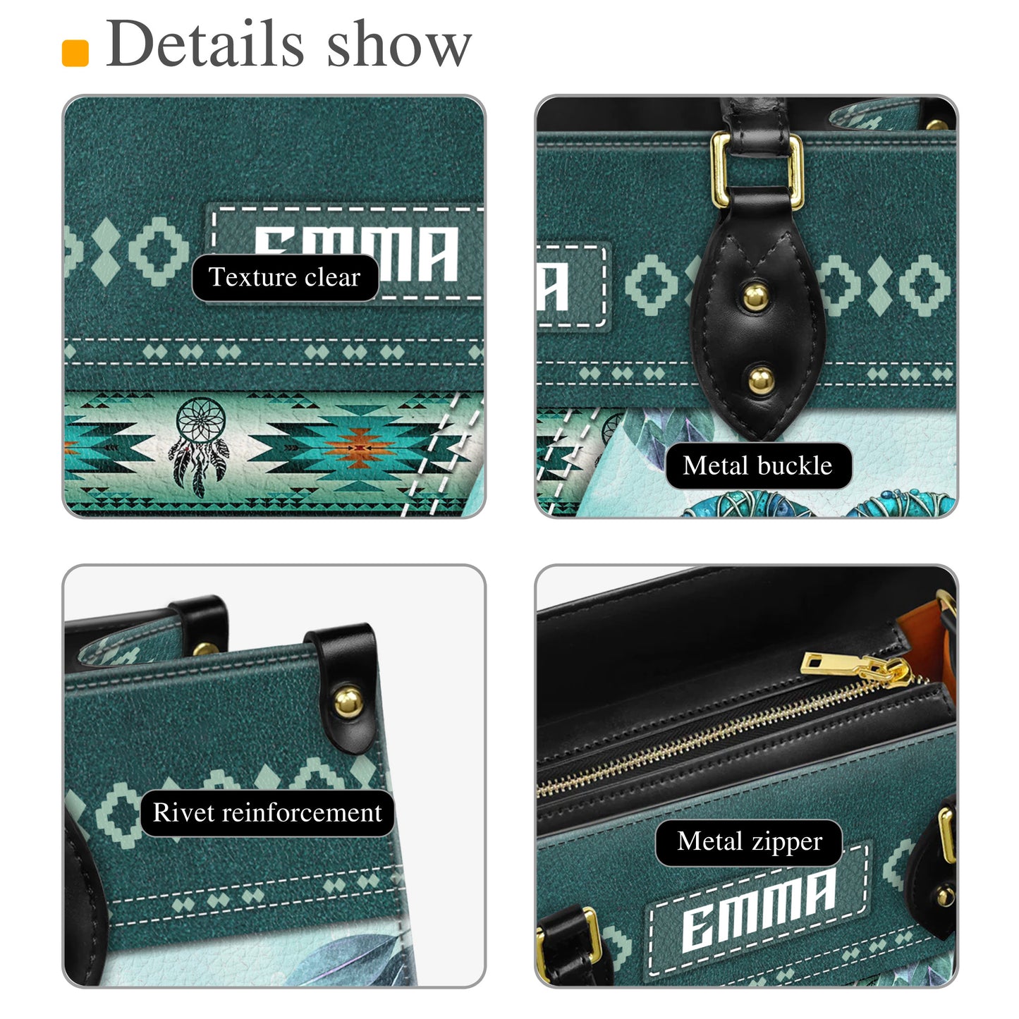 Personalized Leather Handbag for Women - Design Patterns Boho Dreamcatcher Spirit - Teal