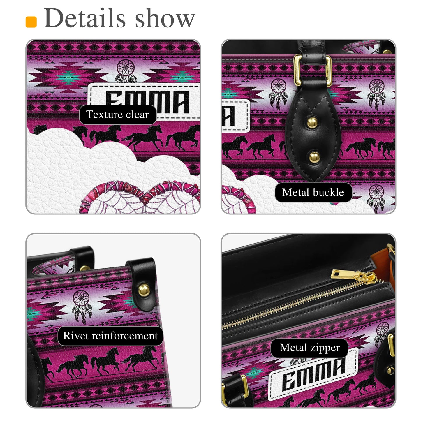 Personalized Leather Handbag for Women - Design Patterns Boho Pink & White Dreamcatcher