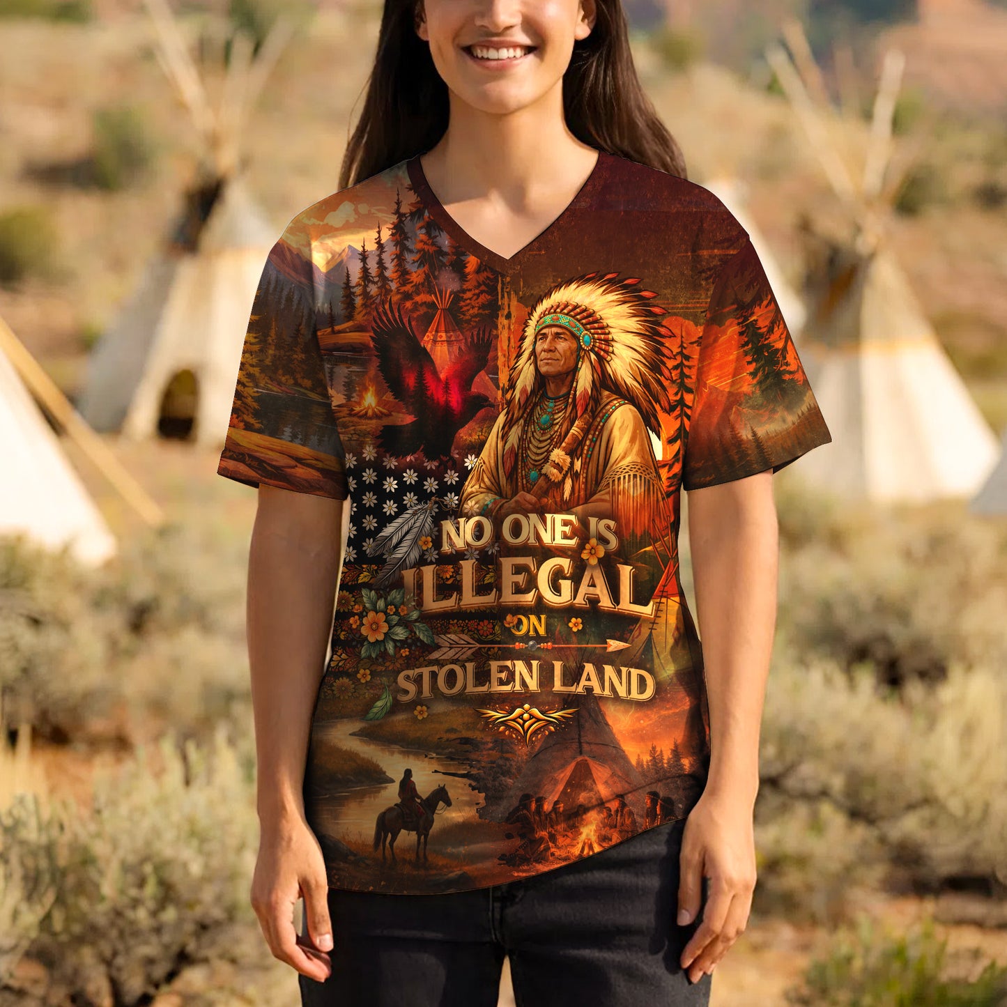 3D T-Shirt " No One Is Illegal on Stolen Land – Native American 3D Graphic T-Shirt