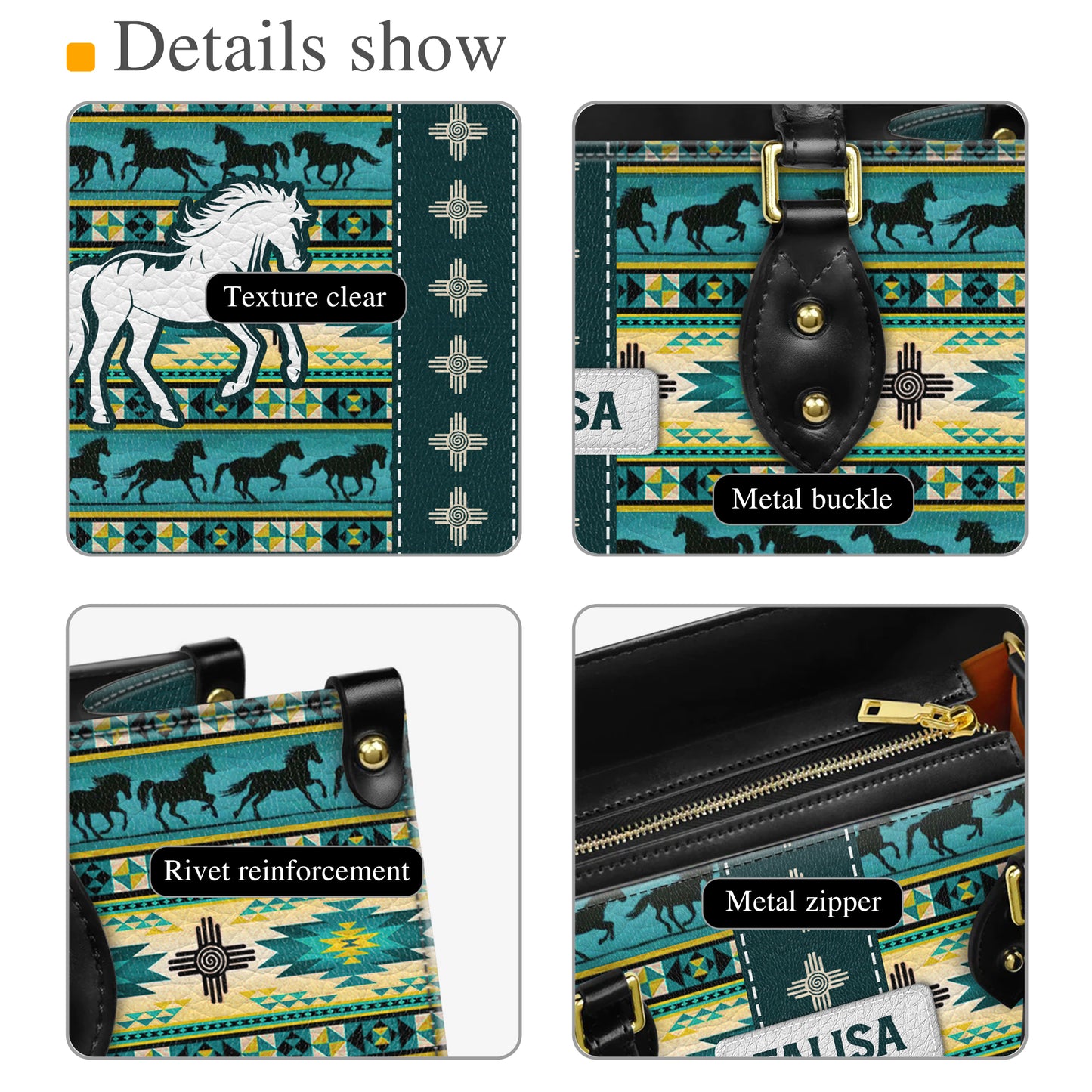 Personalized Leather Handbag for Women - Design Patterns Boho Native Spirit Galloping Horse