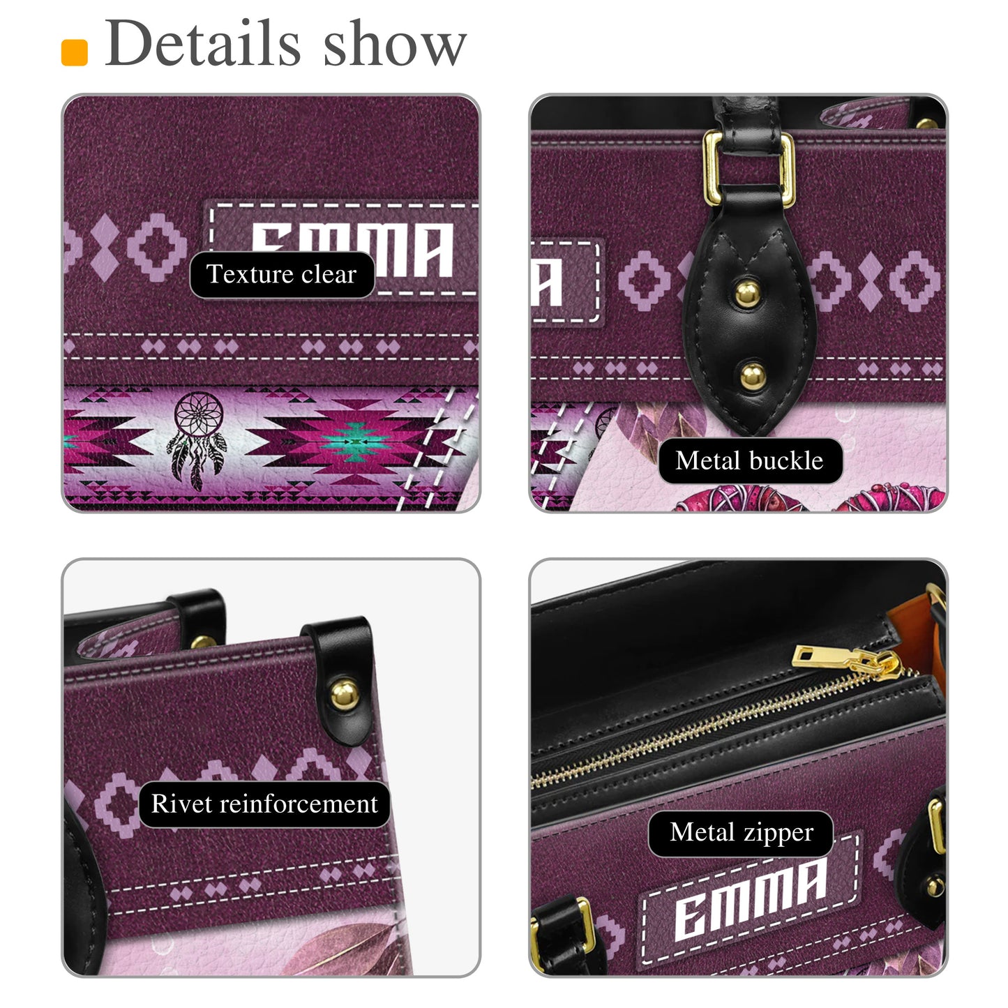 Personalized Leather Handbag for Women - Design Patterns Boho Pink Dreamcatcher