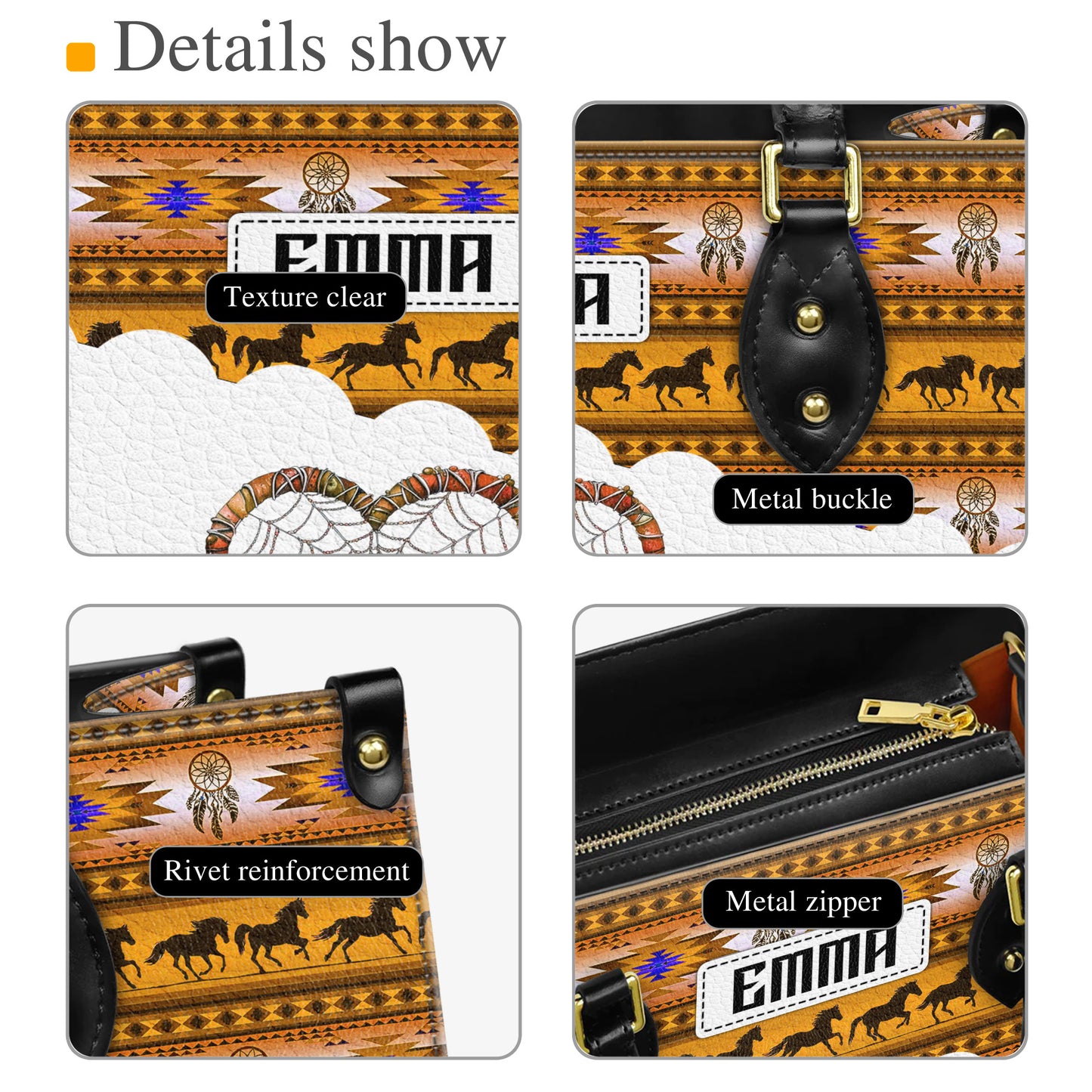 Personalized Leather Handbag for Women - Design Patterns Boho Yellow & White Dreamcatcher