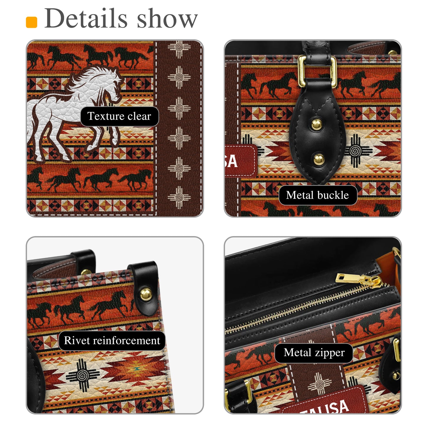 Personalized Leather Handbag for Women - Design Patterns Boho Rustic Orange Spirit Horse