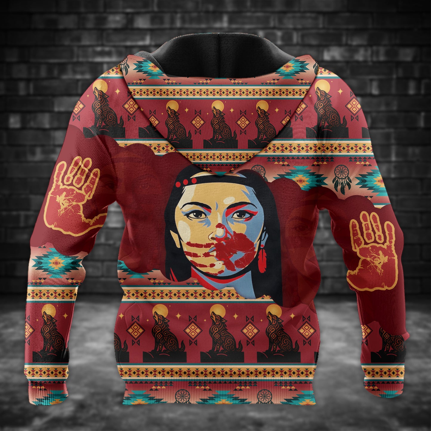 Tribal Feather Hoodie – Bold Red & Geometric Patterns & MMIW