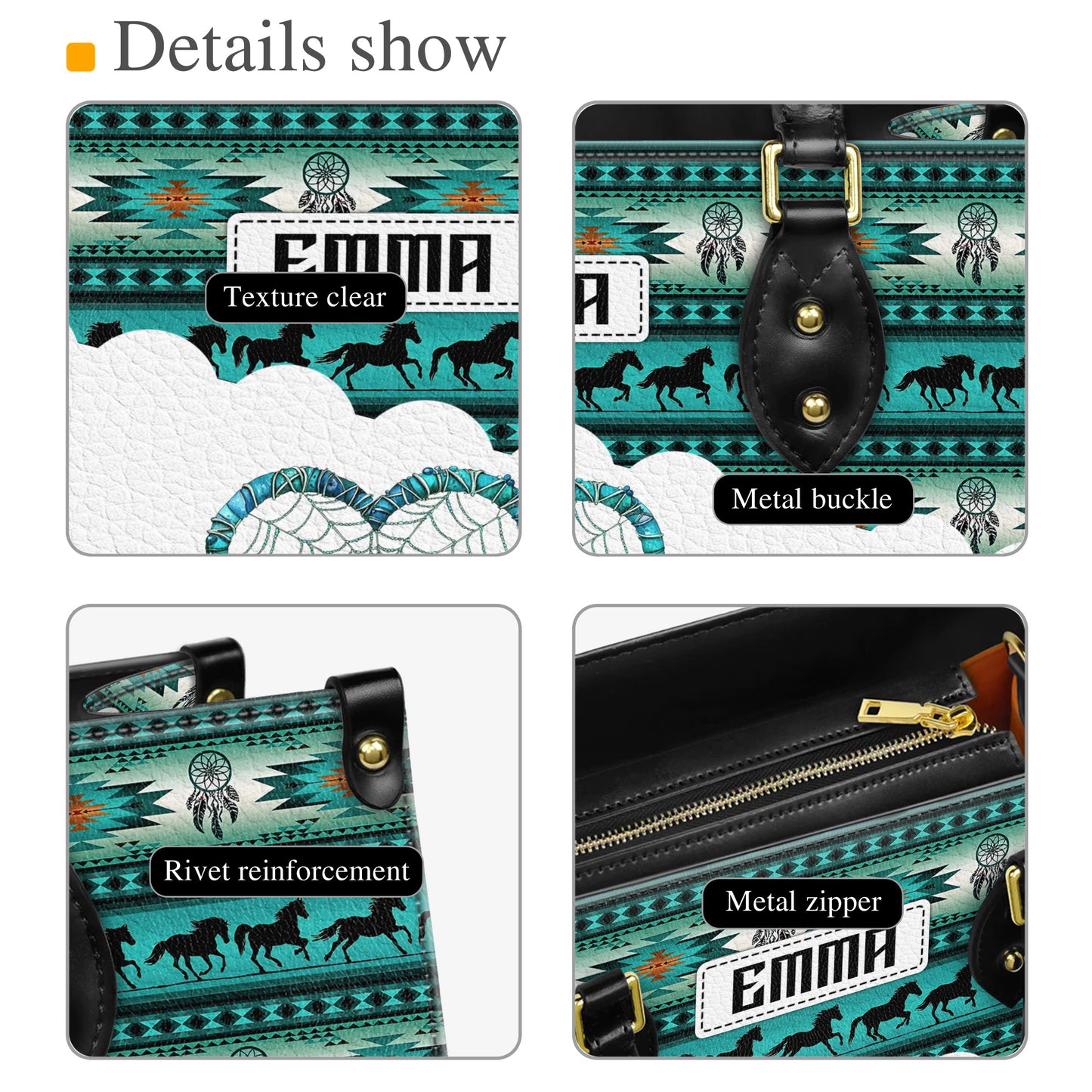 Personalized Leather Handbag for Women - Design Patterns Boho Teal & White Dreamcatcher