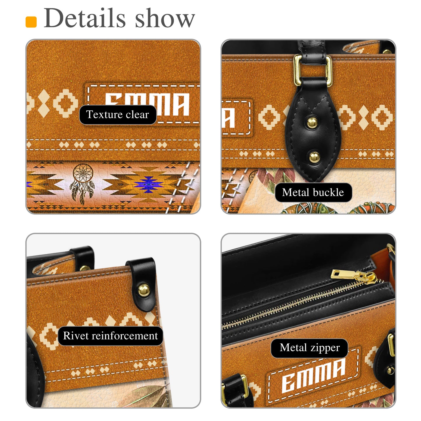 Personalized Leather Handbag for Women - Design Patterns Boho Yellow Dreamcatcher