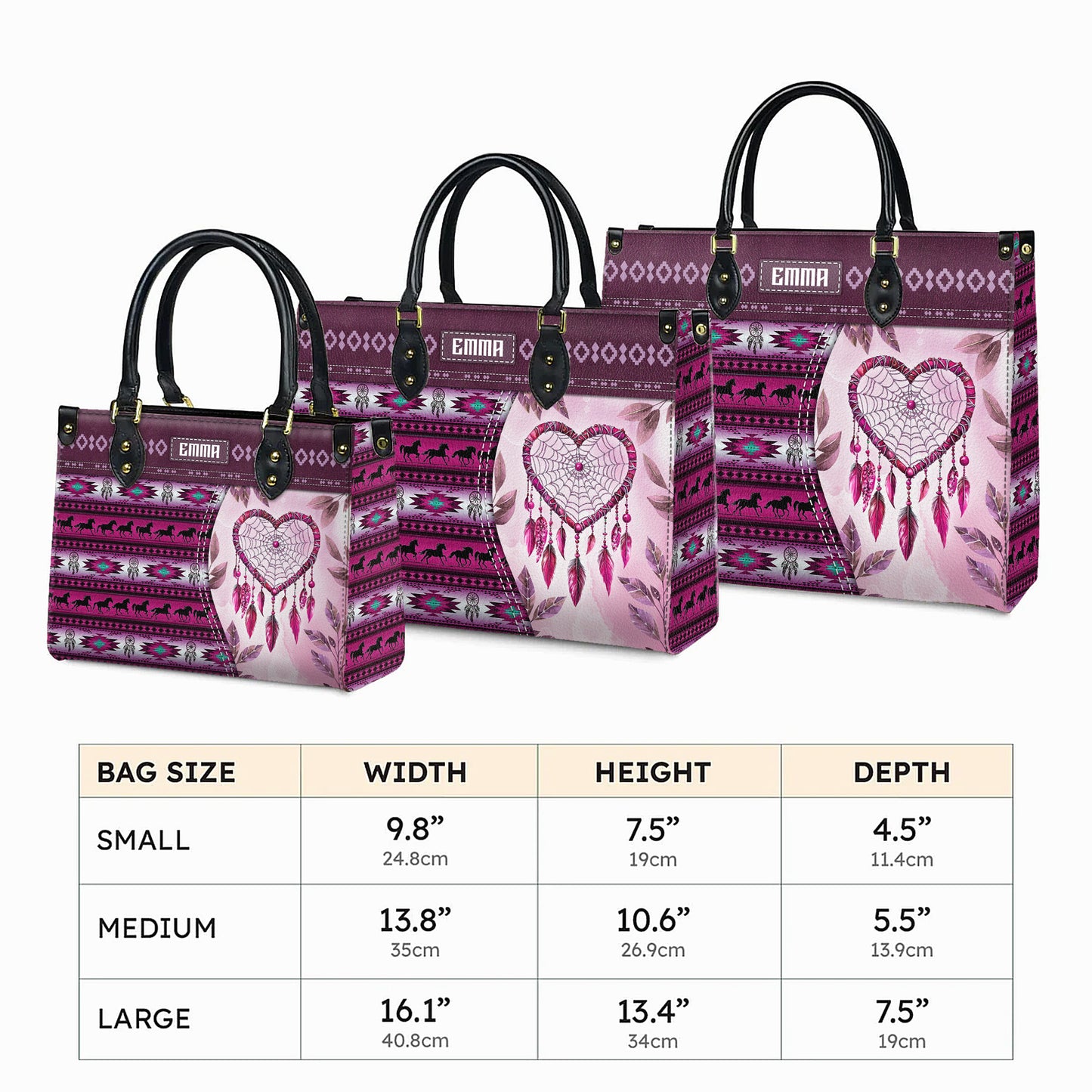 Personalized Leather Handbag for Women - Design Patterns Boho Pink Dreamcatcher