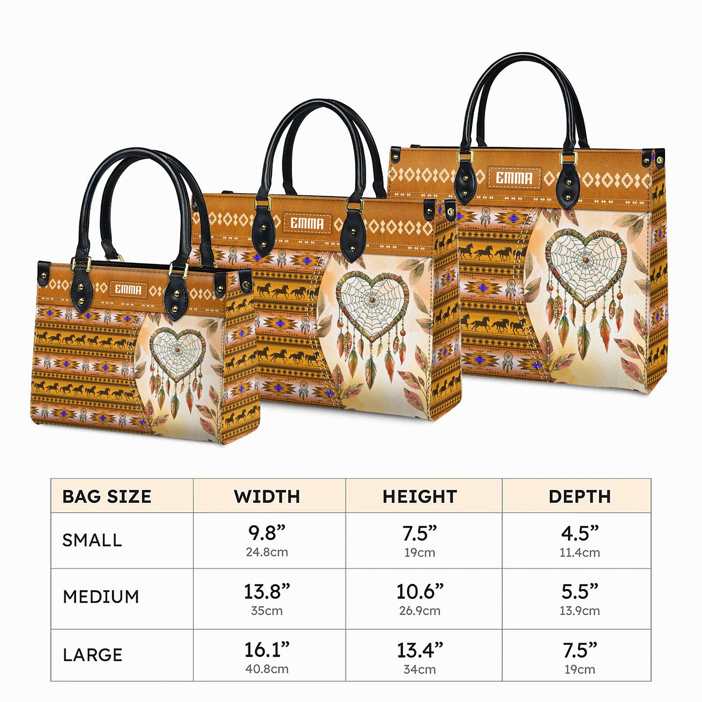 Personalized Leather Handbag for Women - Design Patterns Boho Yellow Dreamcatcher