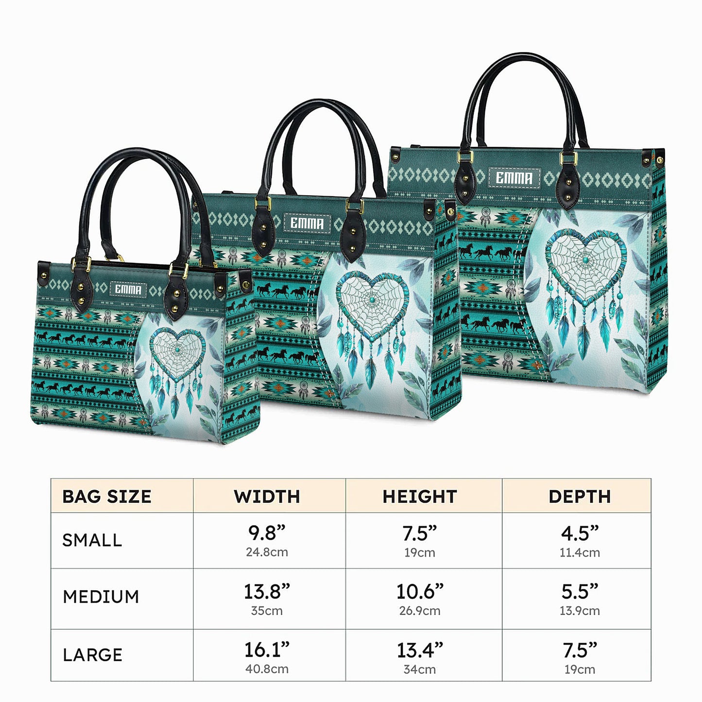 Personalized Leather Handbag for Women - Design Patterns Boho Dreamcatcher Spirit - Teal