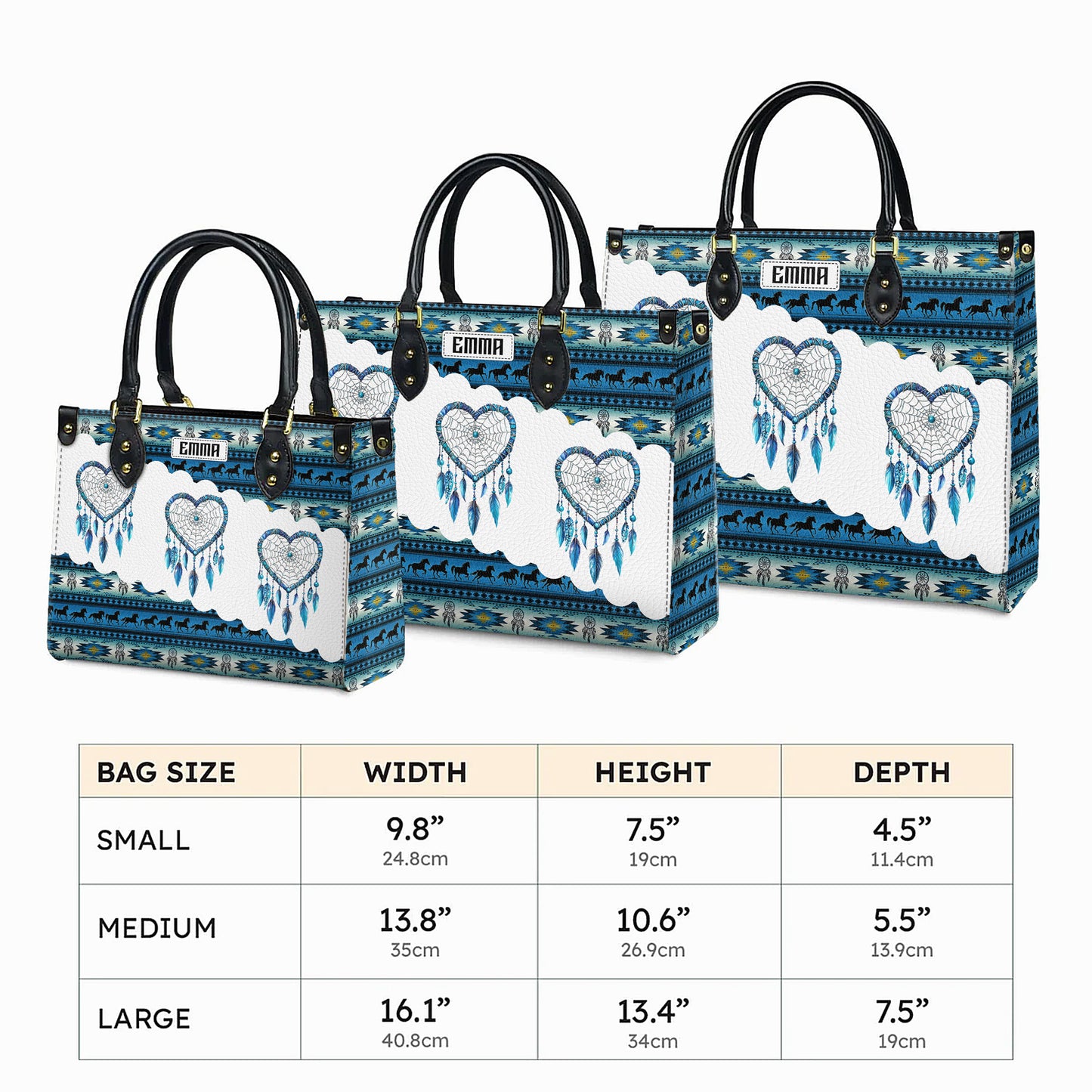 Personalized Leather Handbag for Women - Design Patterns Boho Blue & White Dreamcatcher