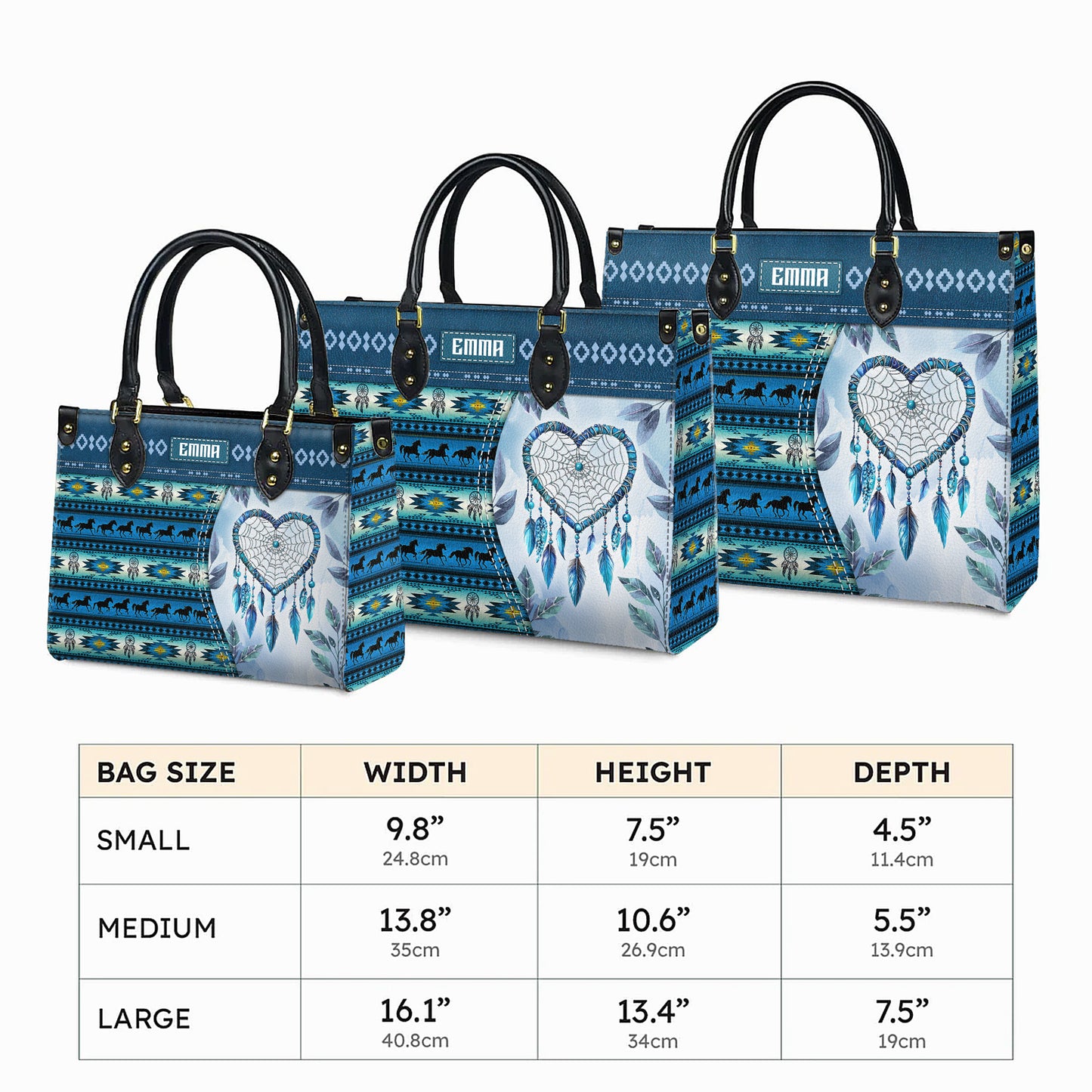 Personalized Leather Handbag for Women - Design Patterns Boho Blue Dreamcatcher