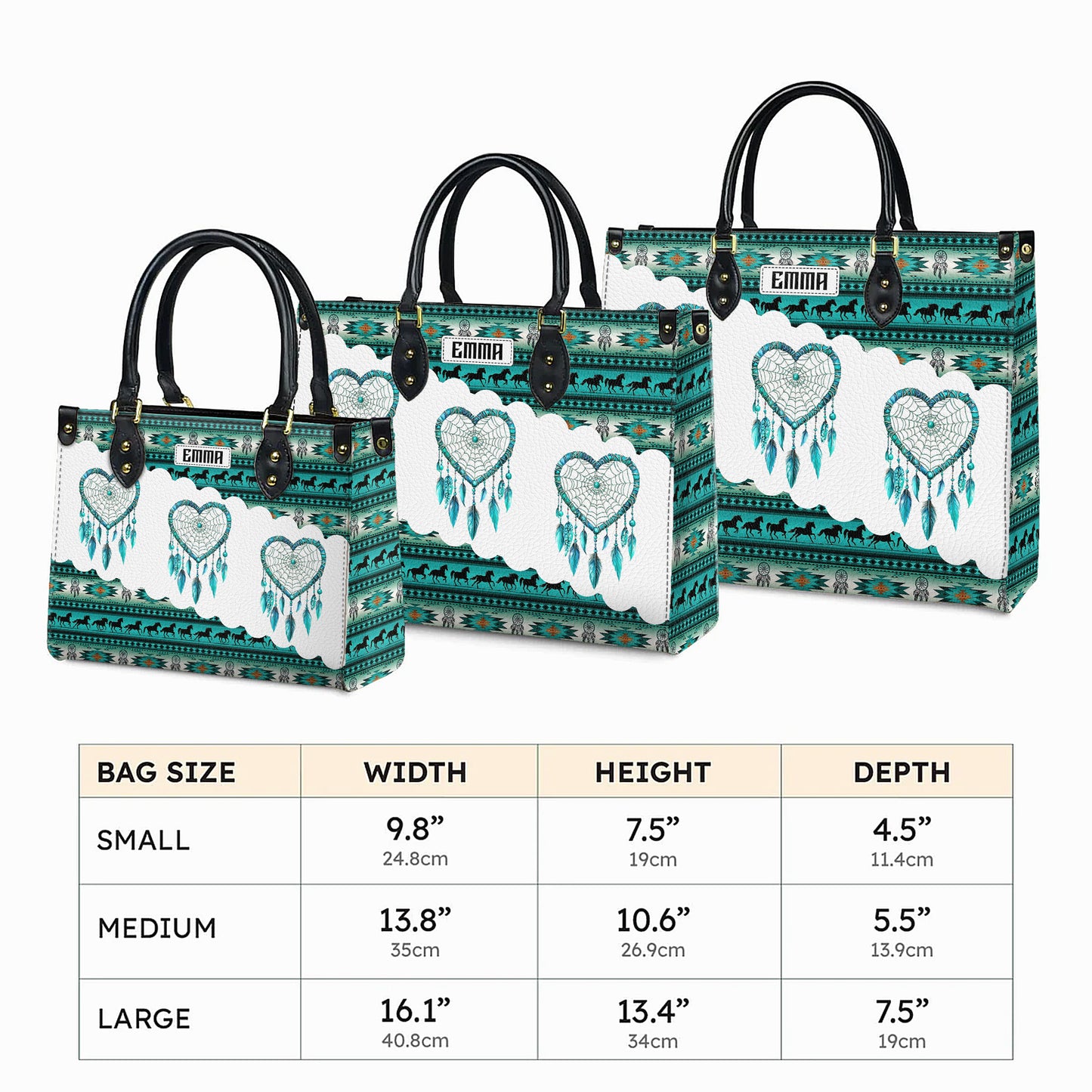 Personalized Leather Handbag for Women - Design Patterns Boho Teal & White Dreamcatcher
