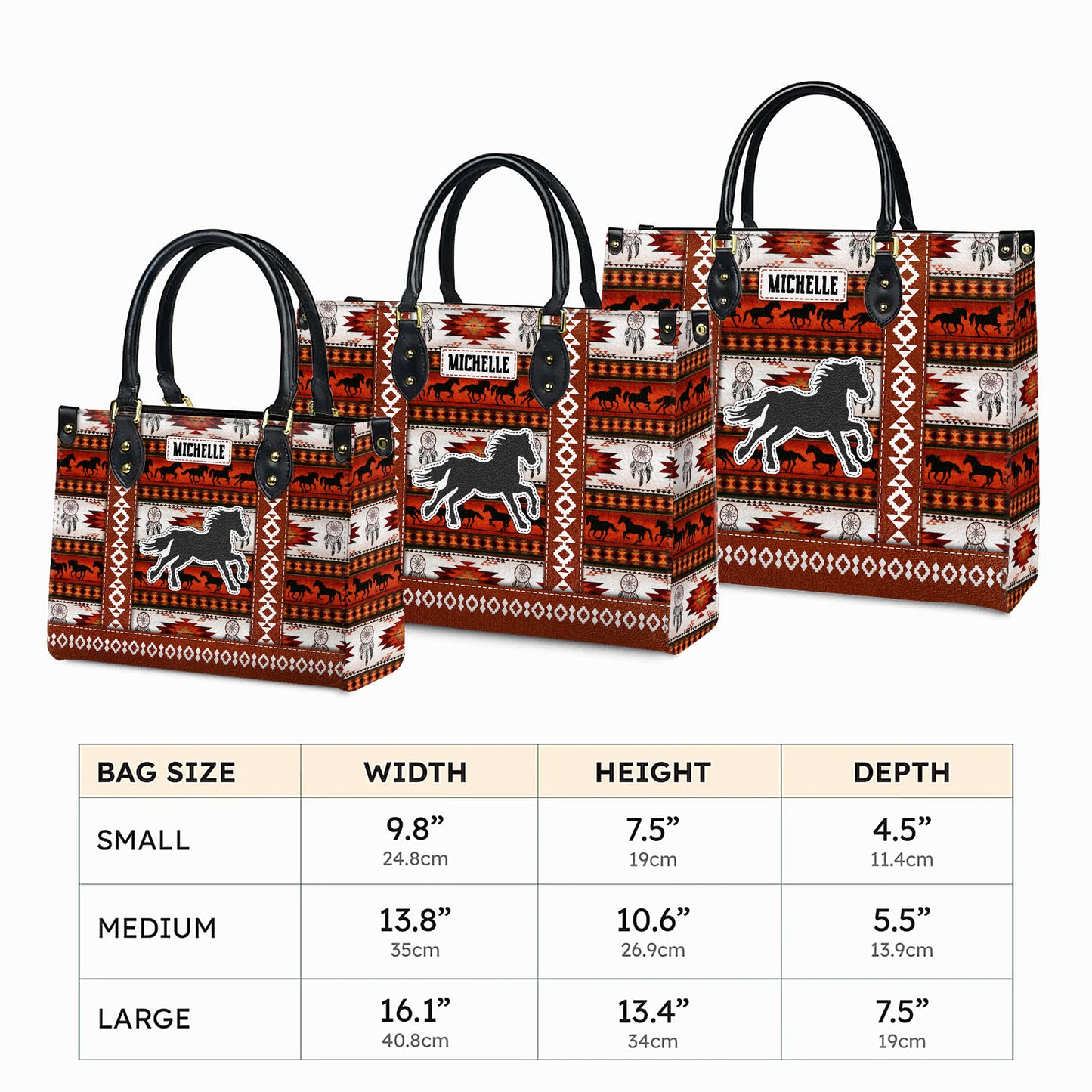 Personalized Leather Handbag for Women - Design Patterns Boho Rustic Orange & White Spirit Horse