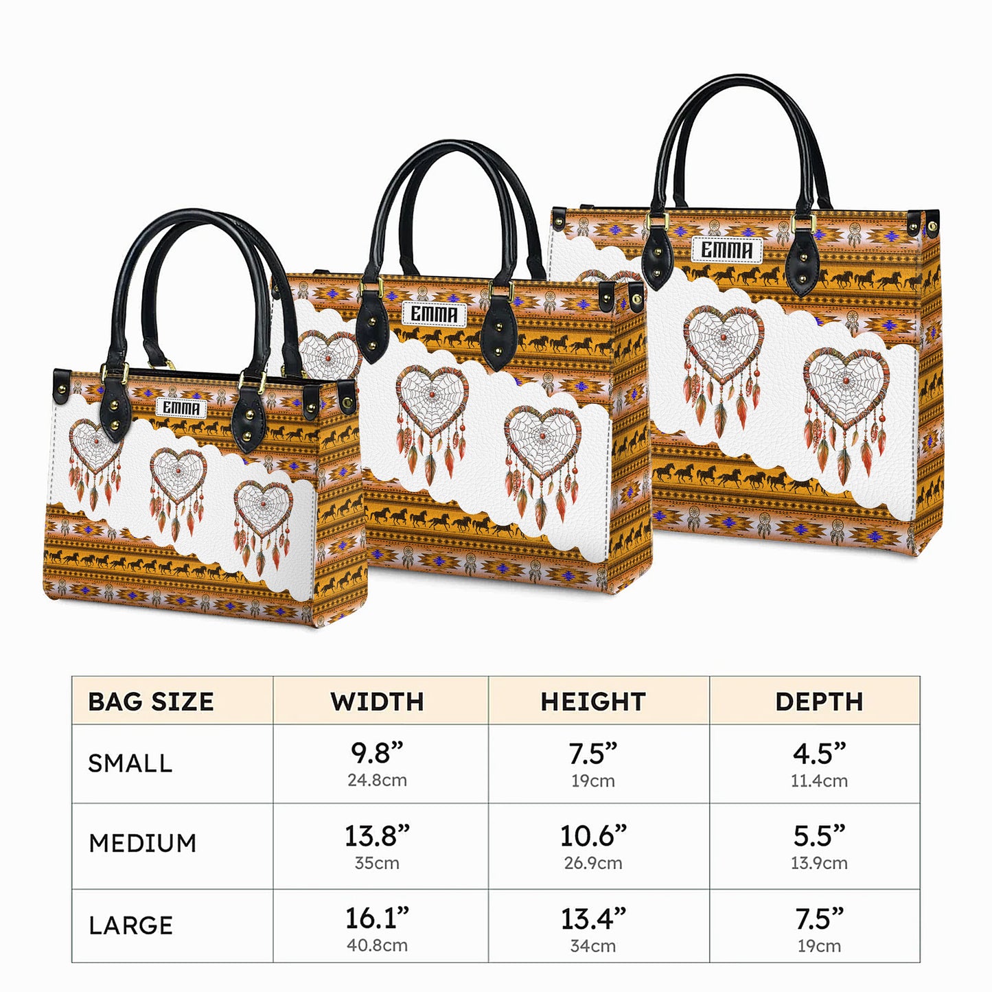 Personalized Leather Handbag for Women - Design Patterns Boho Yellow & White Dreamcatcher