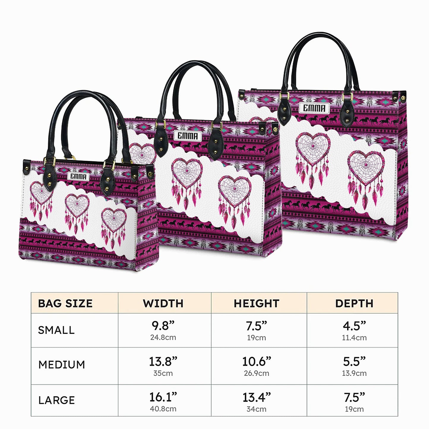 Personalized Leather Handbag for Women - Design Patterns Boho Pink & White Dreamcatcher