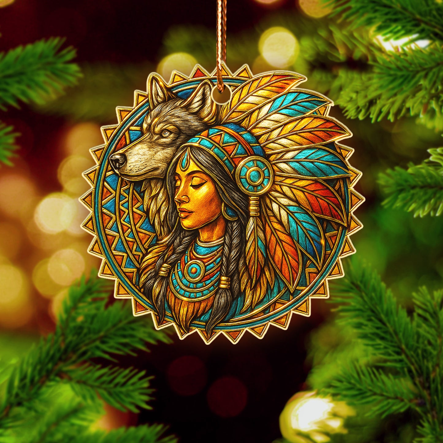 Spirit of the Wolf β Native Woman Ornament Acrylic Symbolizing Strength, Wisdom, and the Power of Connection