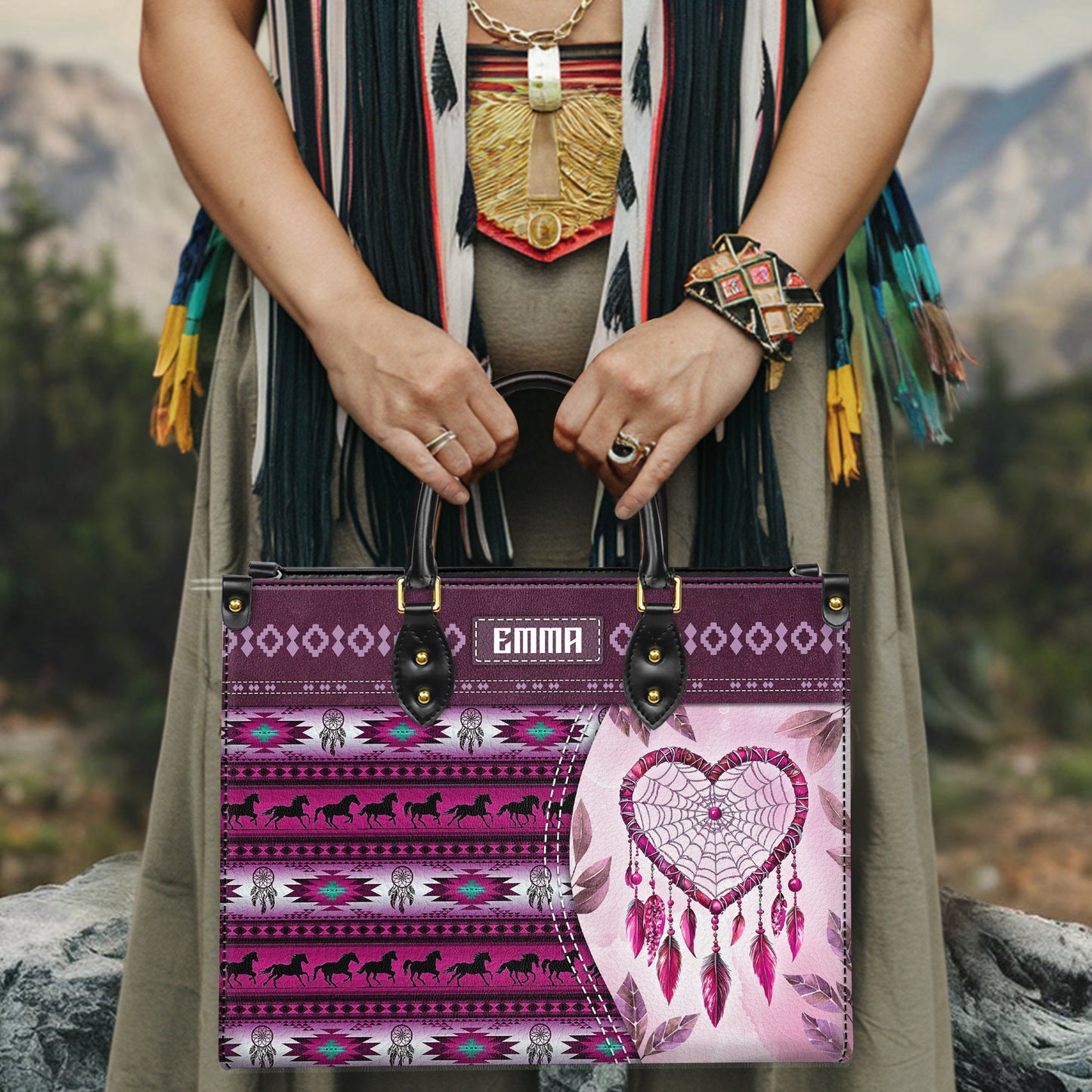 Personalized Leather Handbag for Women - Design Patterns Boho Pink Dreamcatcher
