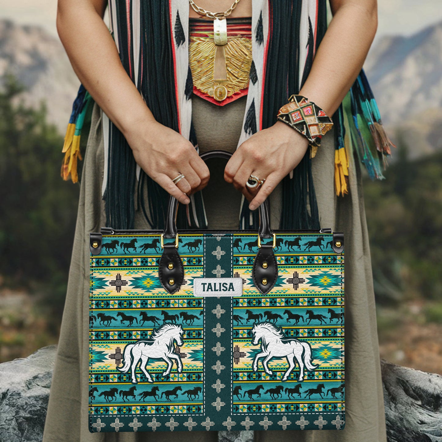Personalized Leather Handbag for Women - Design Patterns Boho Native Spirit Galloping Horse
