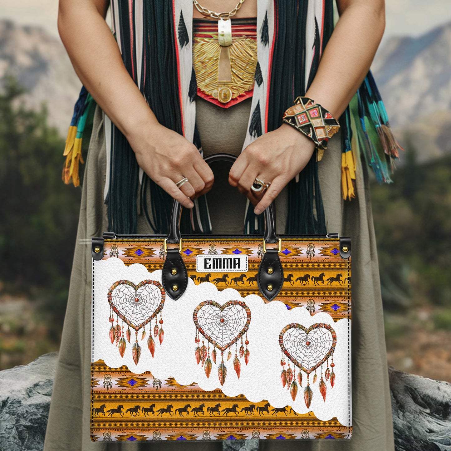 Personalized Leather Handbag for Women - Design Patterns Boho Yellow & White Dreamcatcher