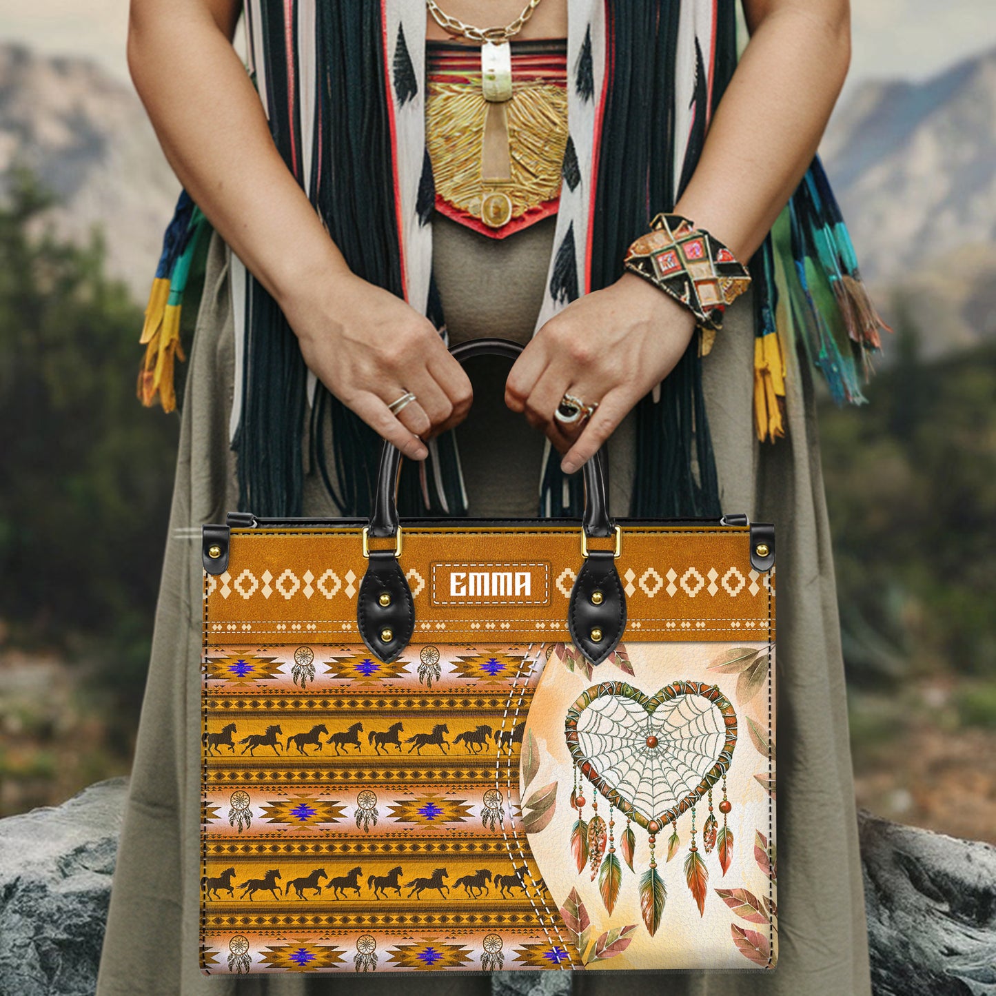 Personalized Leather Handbag for Women - Design Patterns Boho Yellow Dreamcatcher