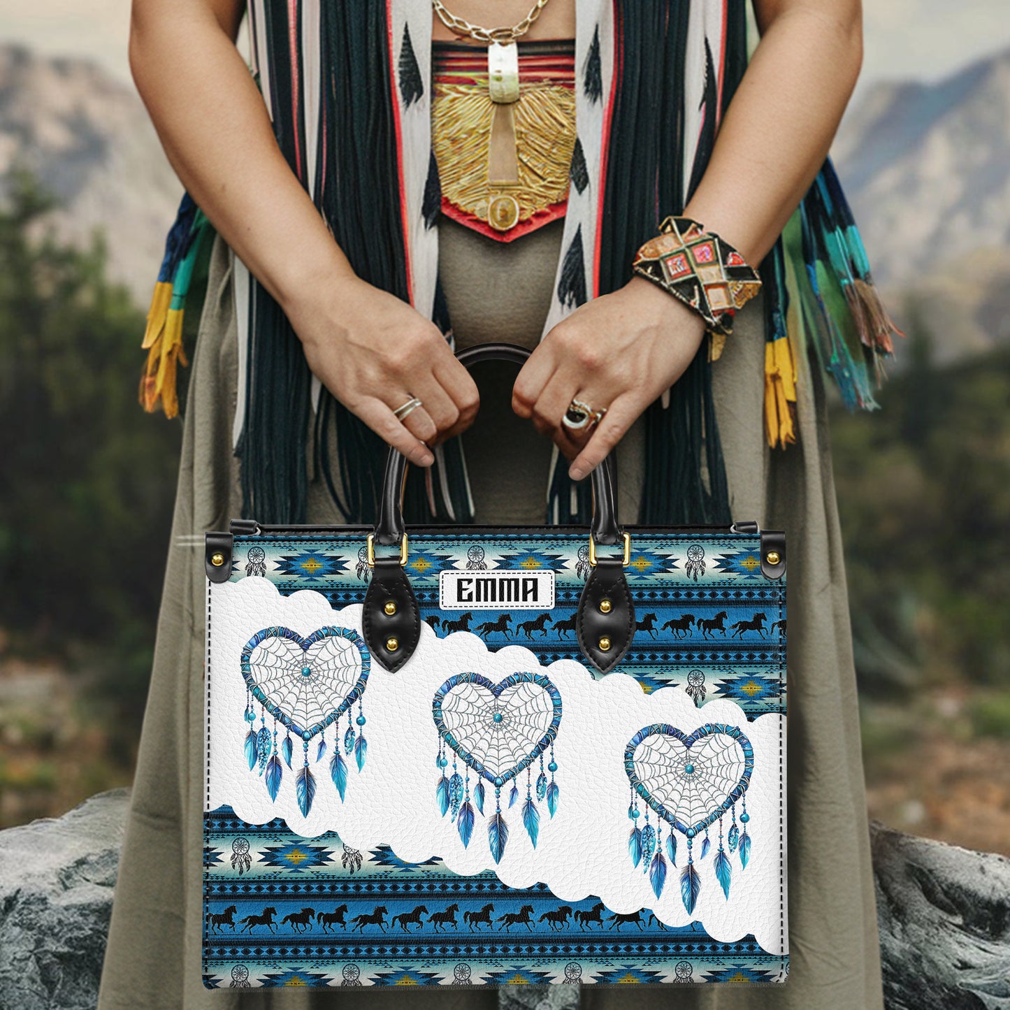 Personalized Leather Handbag for Women - Design Patterns Boho Blue & White Dreamcatcher