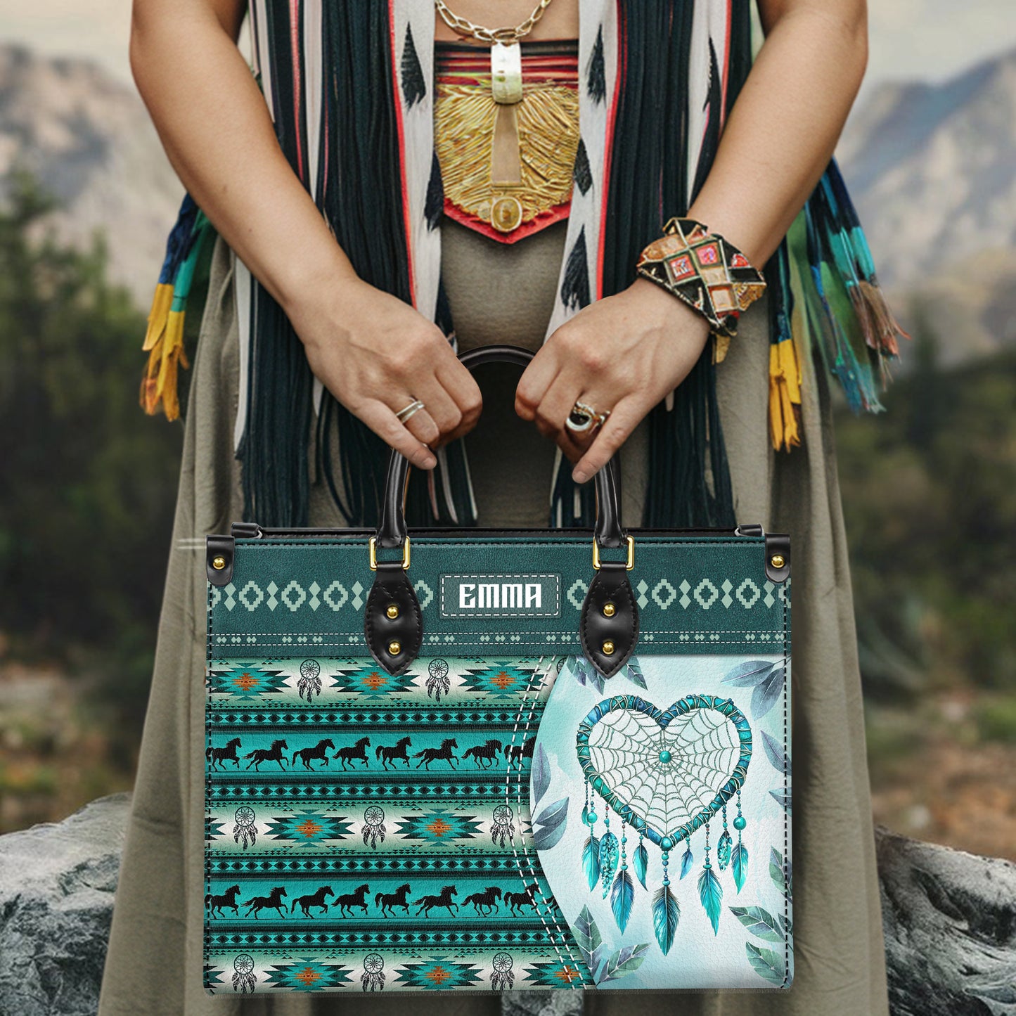 Personalized Leather Handbag for Women - Design Patterns Boho Dreamcatcher Spirit - Teal