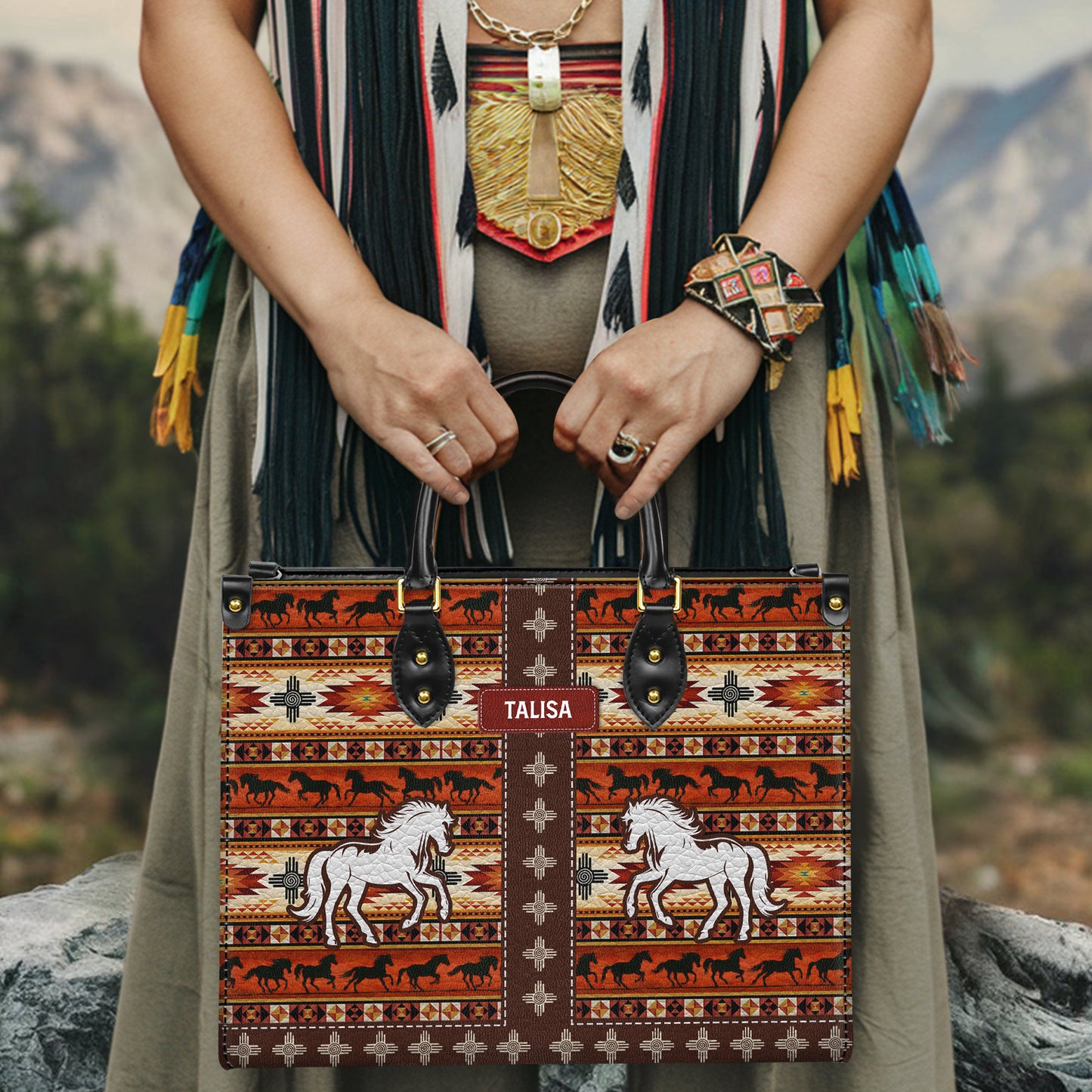Personalized Leather Handbag for Women - Design Patterns Boho Rustic Orange Spirit Horse